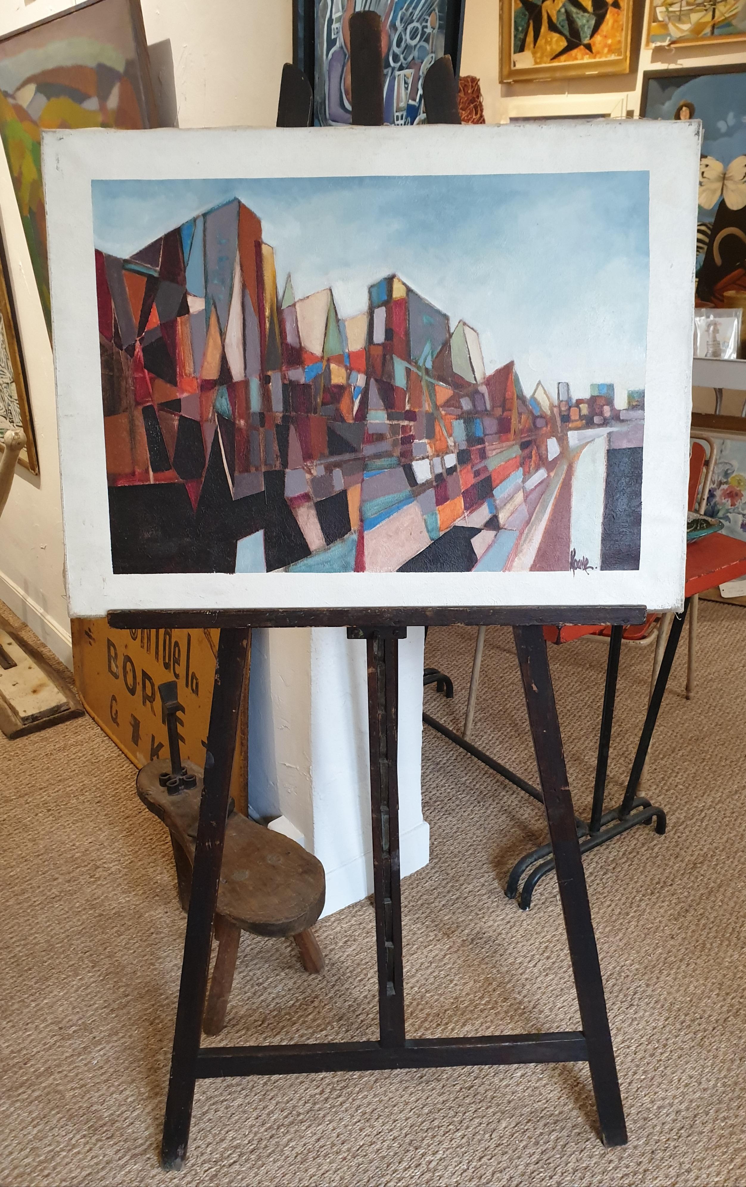 Paesaggio urbano cubista francese di metà secolo. Olio e acrilico su tela. in vendita 7