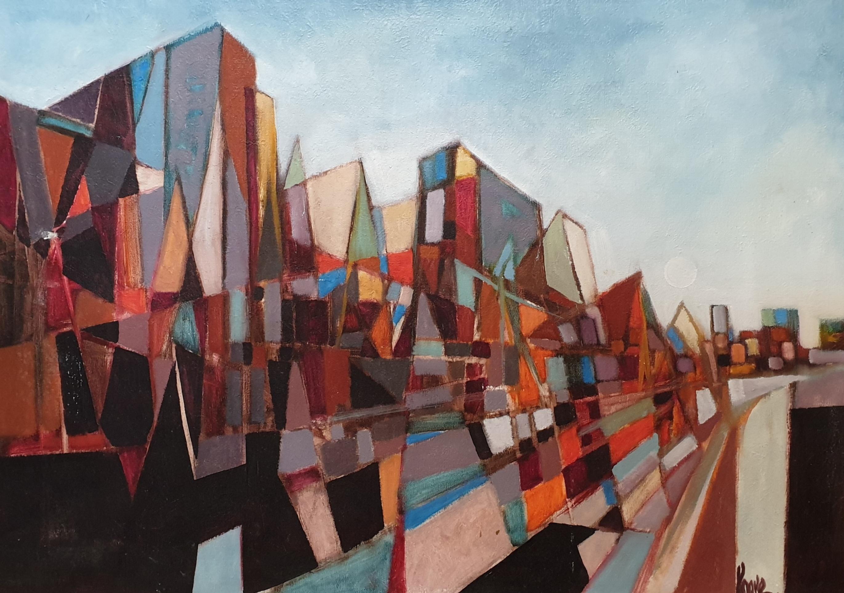 Mid-Century Futuristic Cubist Cityscape. - Painting by Unknown