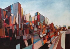 Paysage urbain cubiste français futuriste du milieu du siècle dernier Huile et acrylique sur toile