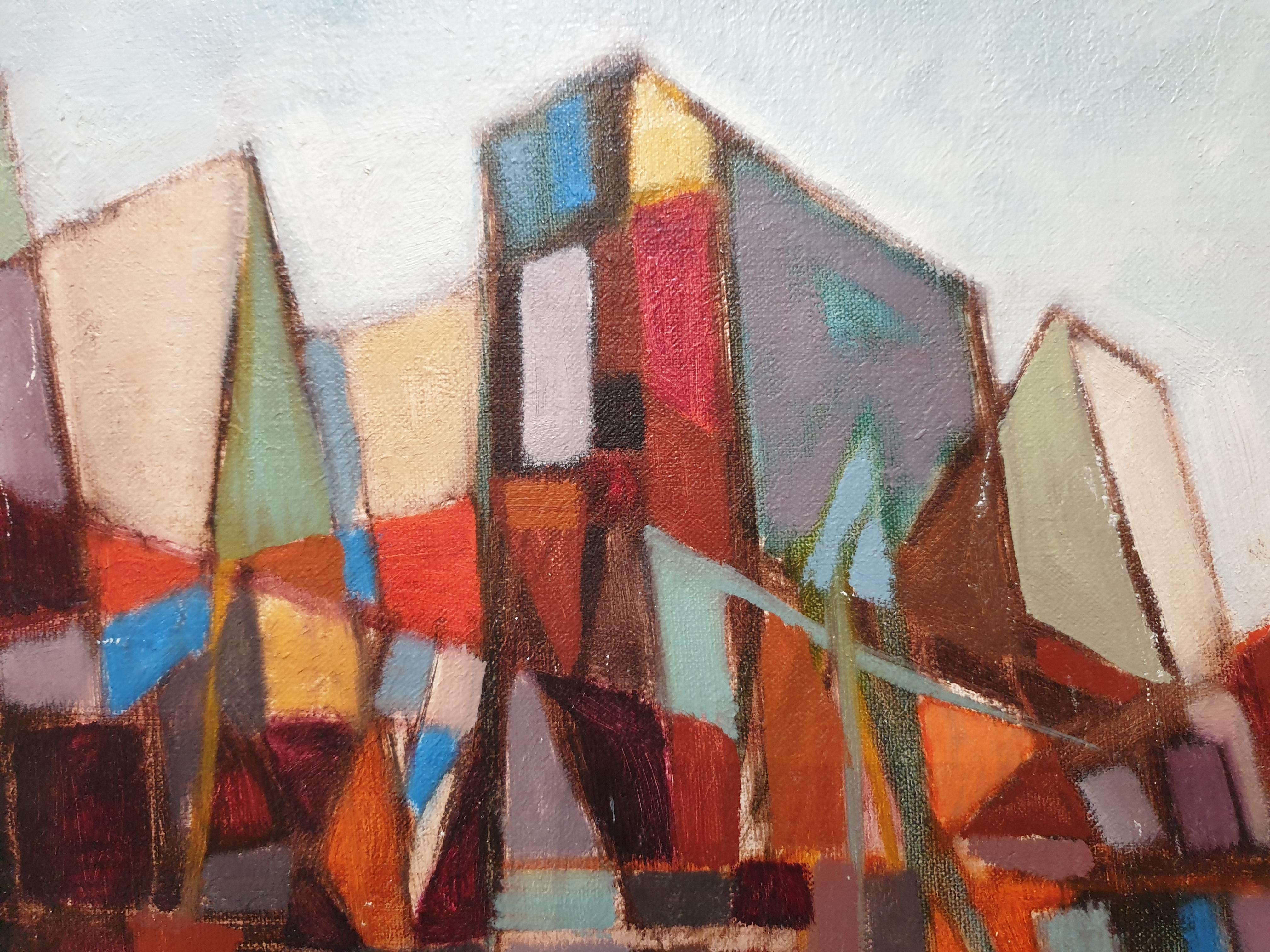 Mid-Century Futuristic Cubist Cityscape. - Gray Landscape Painting by Unknown