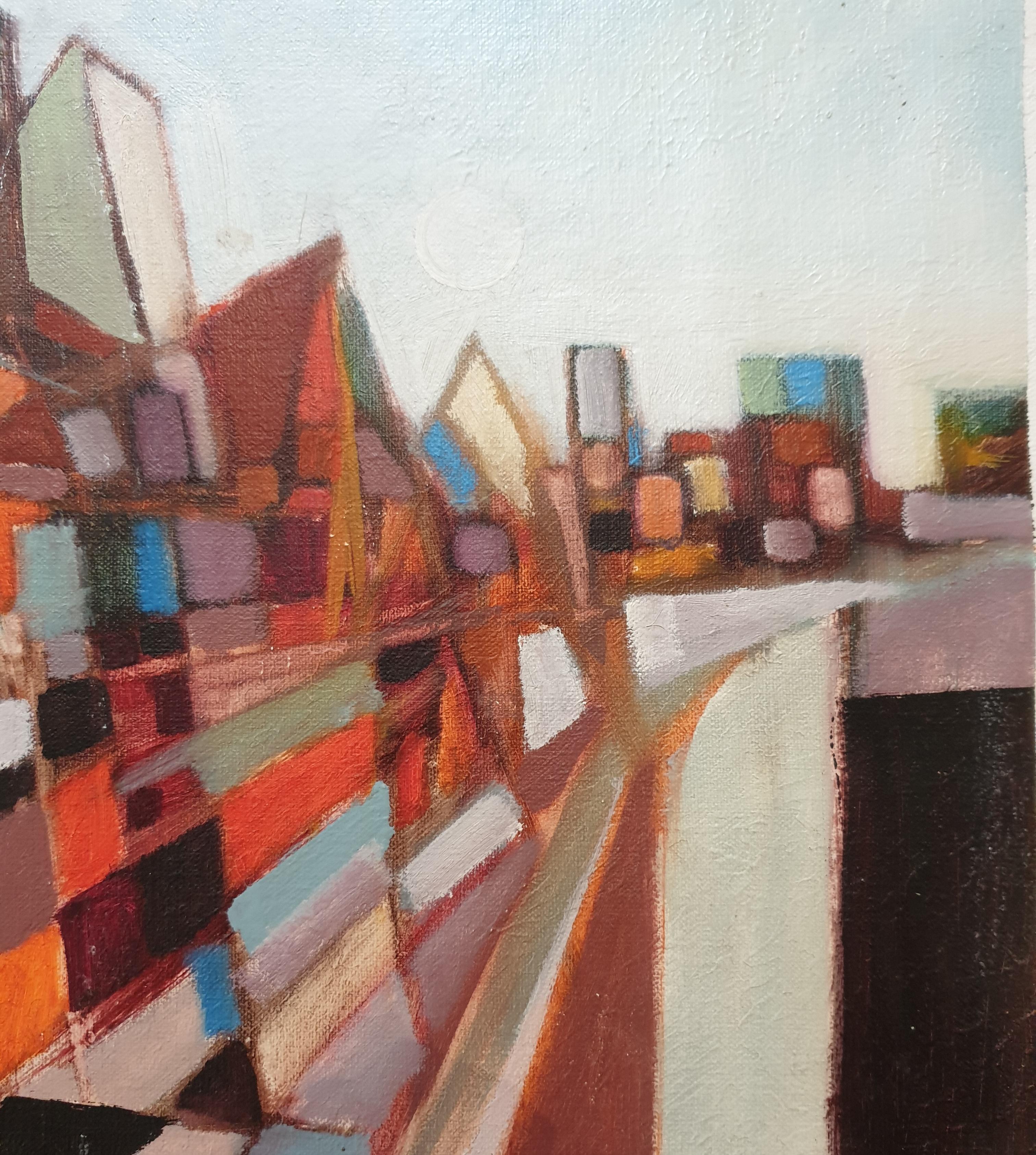 Paesaggio urbano futuristico cubista di metà secolo, olio e acrilico su tela. Firmato in basso a destra, artista sconosciuto.

Interpretazione molto colorata e ben composta di un paesaggio urbano del futuro.

L'artista ha abilmente posizionato campi