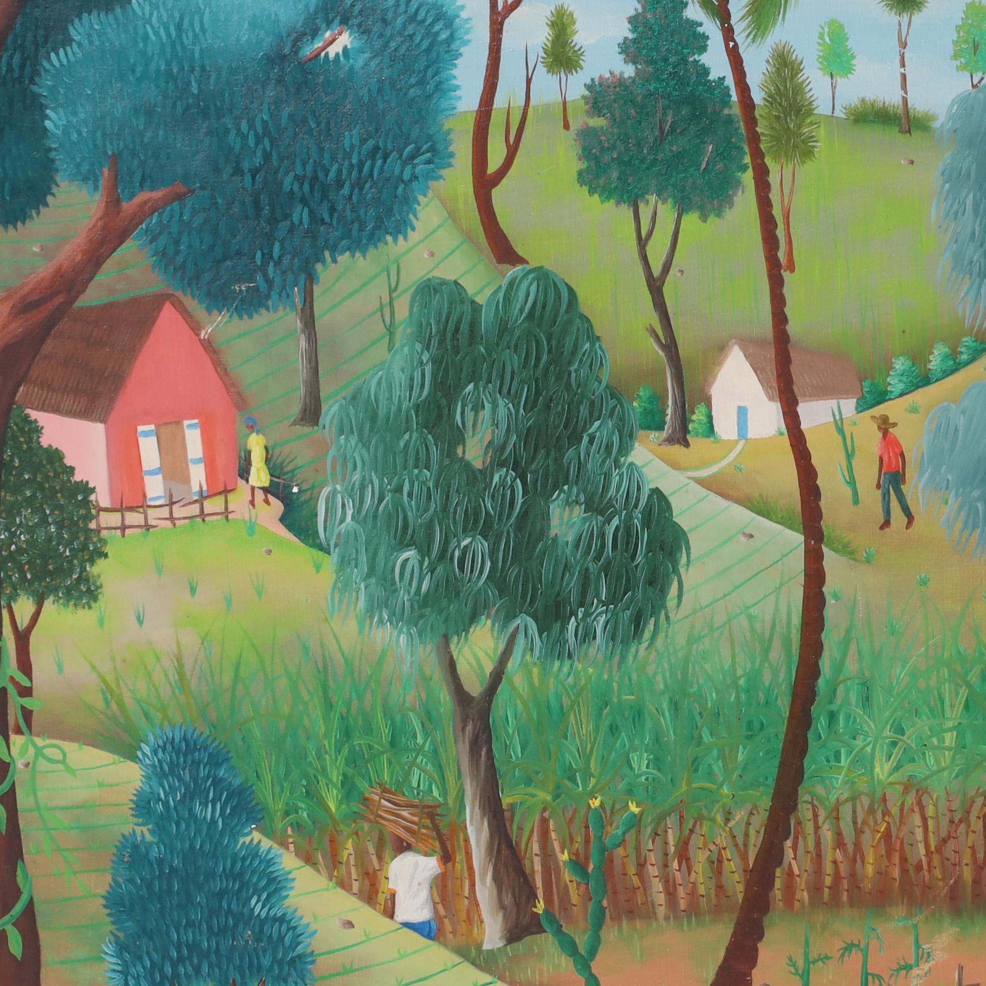 Fantastique peinture acrylique haïtienne vintage sur panneau représentant un village rural idyllique exécuté dans une technique naïve ludique. Signée Phiton Latortue et présentée dans son cadre original en bois sculpté.