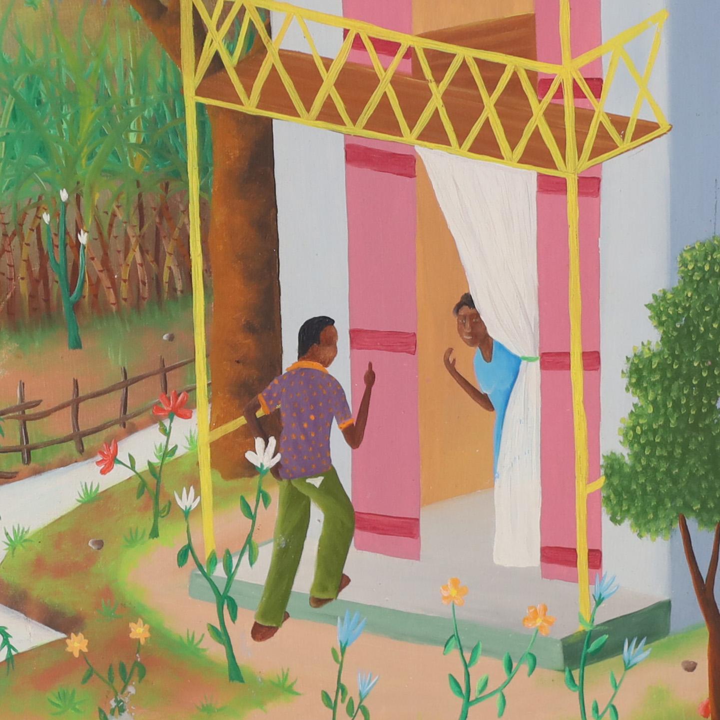 Peinture haïtienne d'un village du milieu du siècle dernier en vente 1