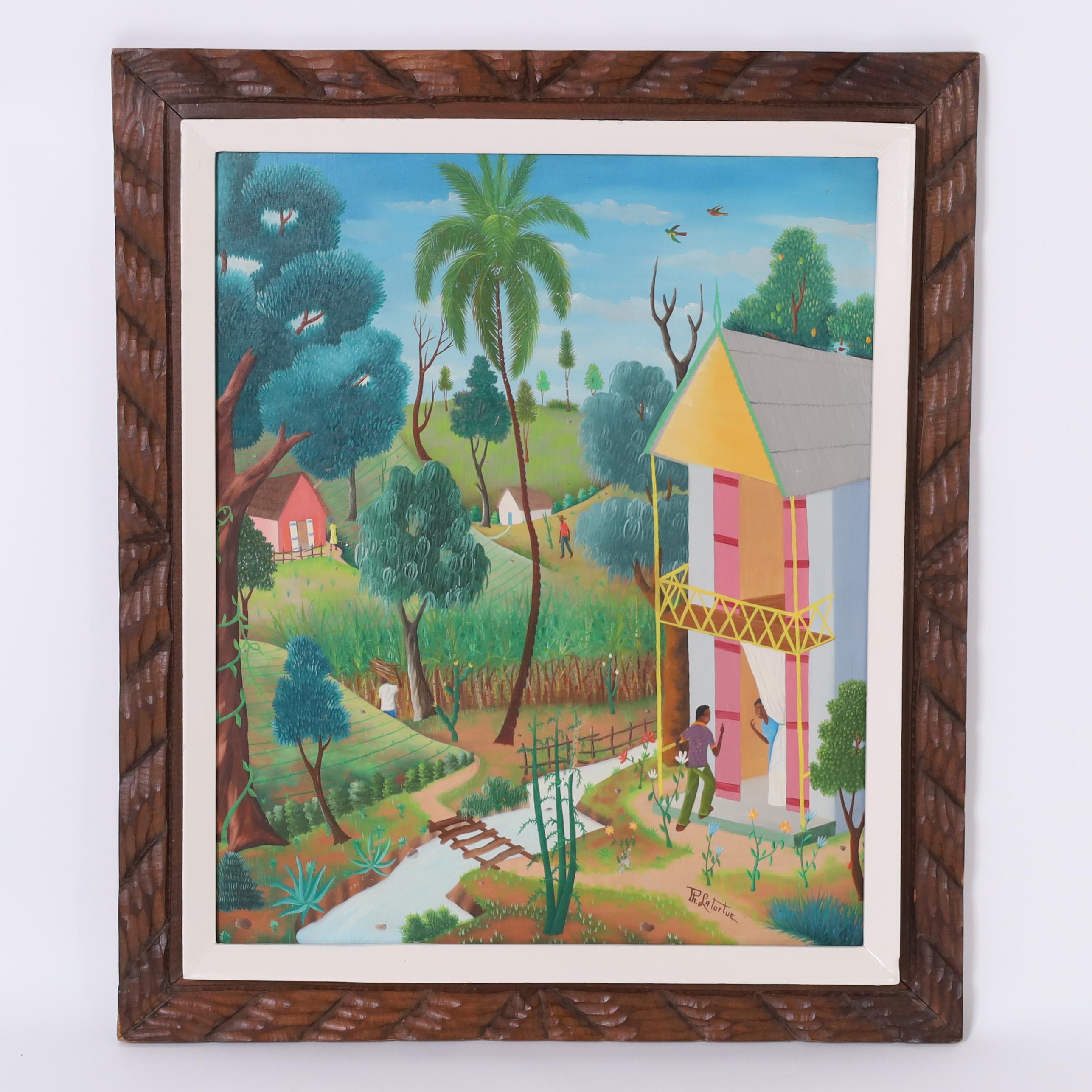 Peinture haïtienne d'un village du milieu du siècle dernier - Painting de Unknown