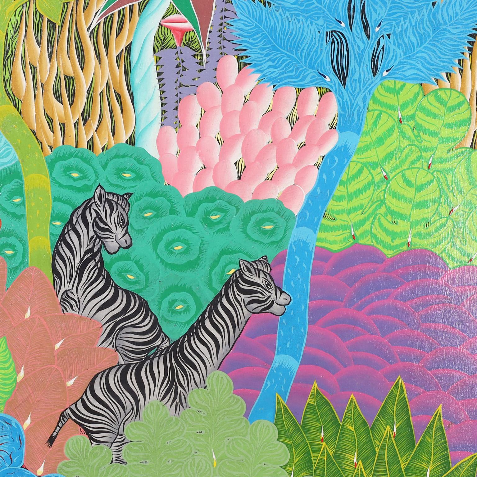 Remarquable peinture acrylique haïtienne vintage sur toile représentant des animaux africains dans un décor de jungle, exécutée dans un style naïf distinctif. Signée par l'artiste Eustache Loubert et présentée dans son cadre d'origine en acajou.