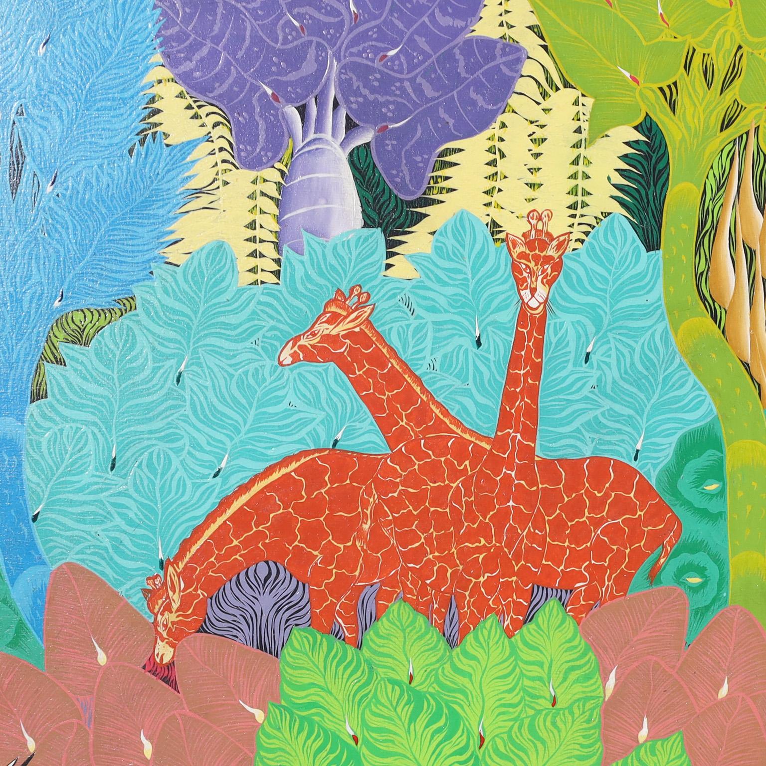 Peinture haïtienne du milieu du siècle représentant des animaux dans une Jungle d'Eustache Louber en vente 1