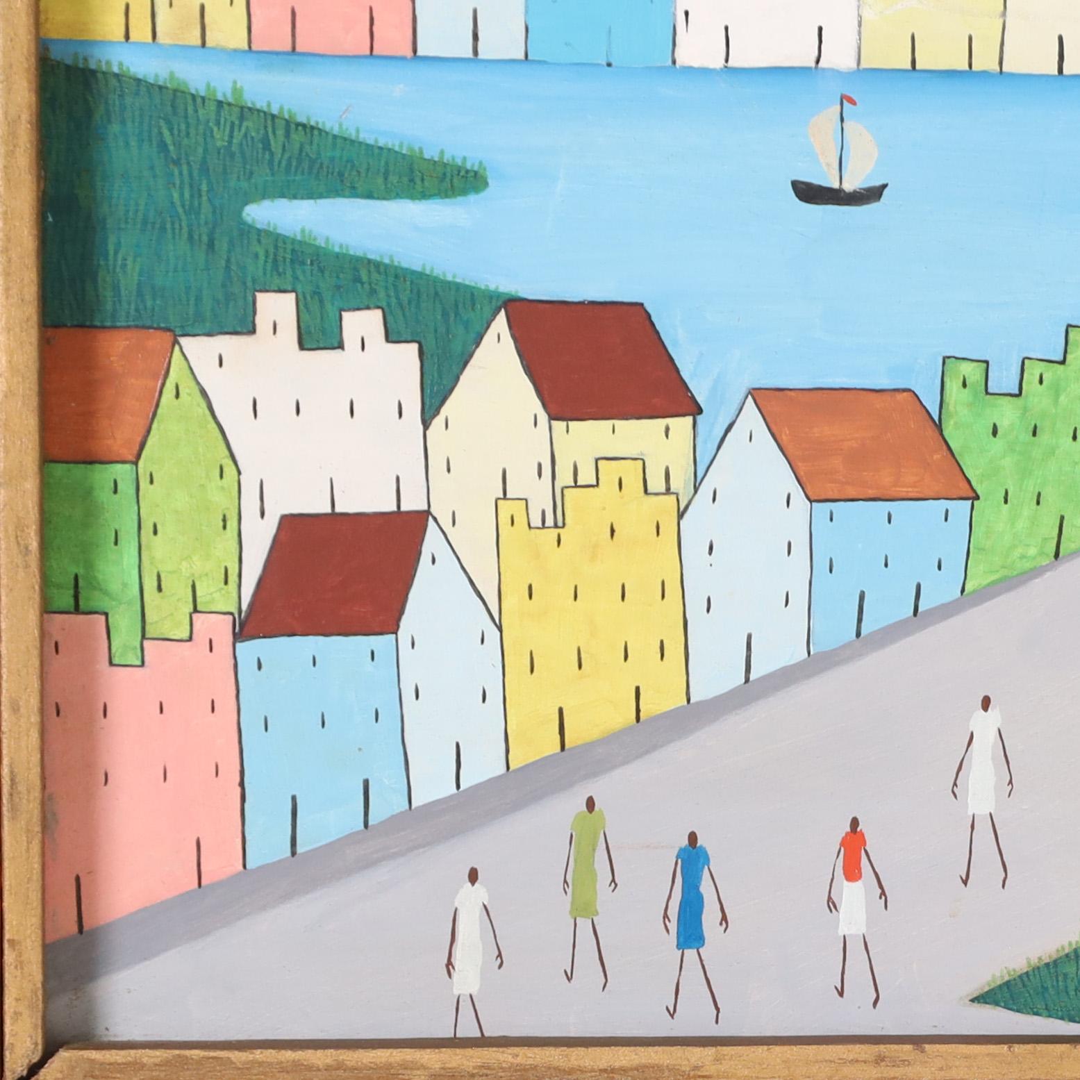 Haitianisches Vintage-Acrylgemälde auf Karton in einem ungewöhnlichen, minimalistisch-modernen Stil mit Häusern, Bäumen und Menschen. Signiert E. Abelard und präsentiert in einem Mahagoni-Rahmen.