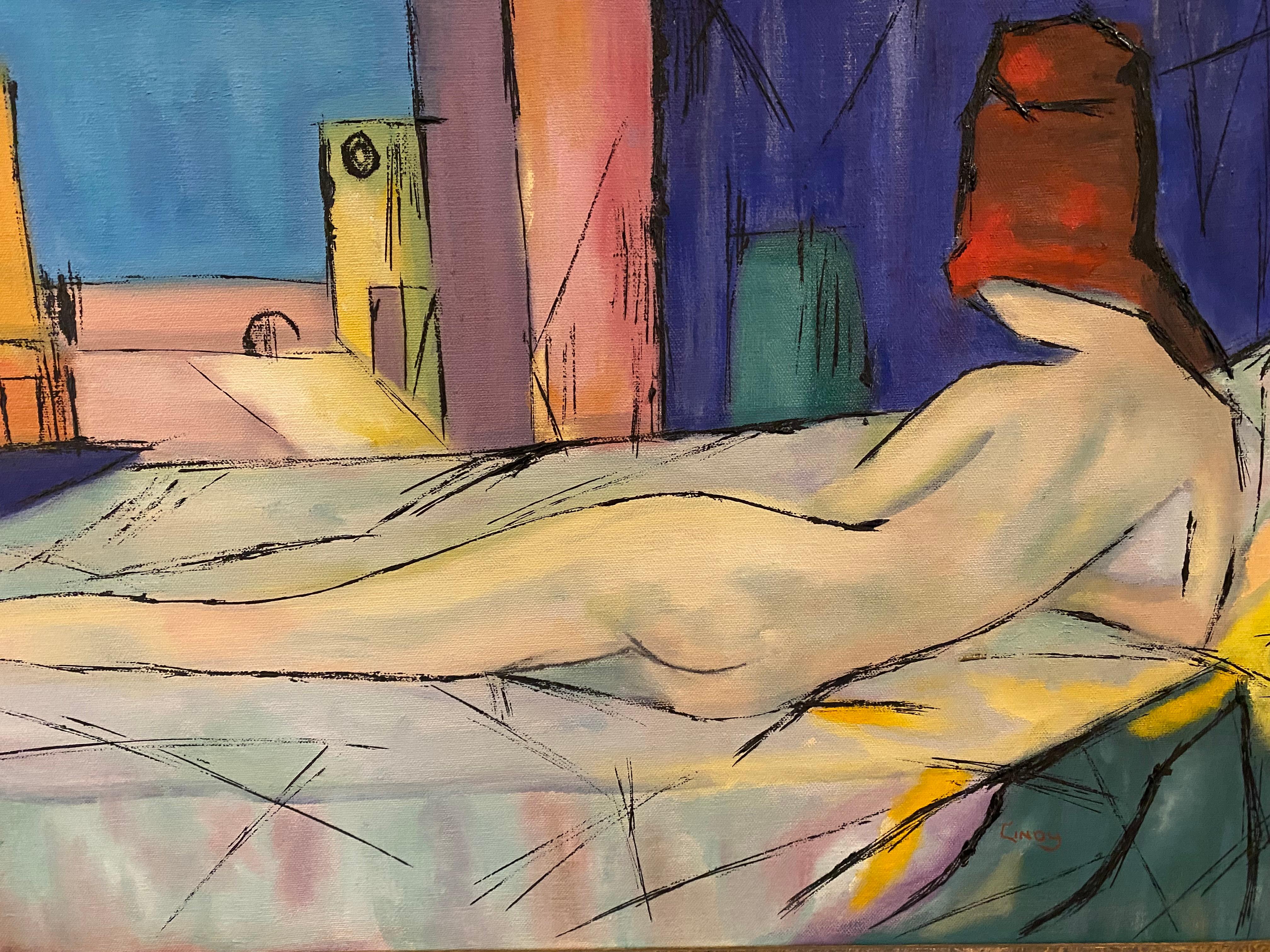 Mid Century Horizontal Buntes Nackt von Cindy (Schwarz), Nude Painting, von Unknown