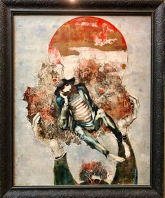 Pintura al óleo dorada húngara de mediados de siglo sobre tabla Judaica moderna