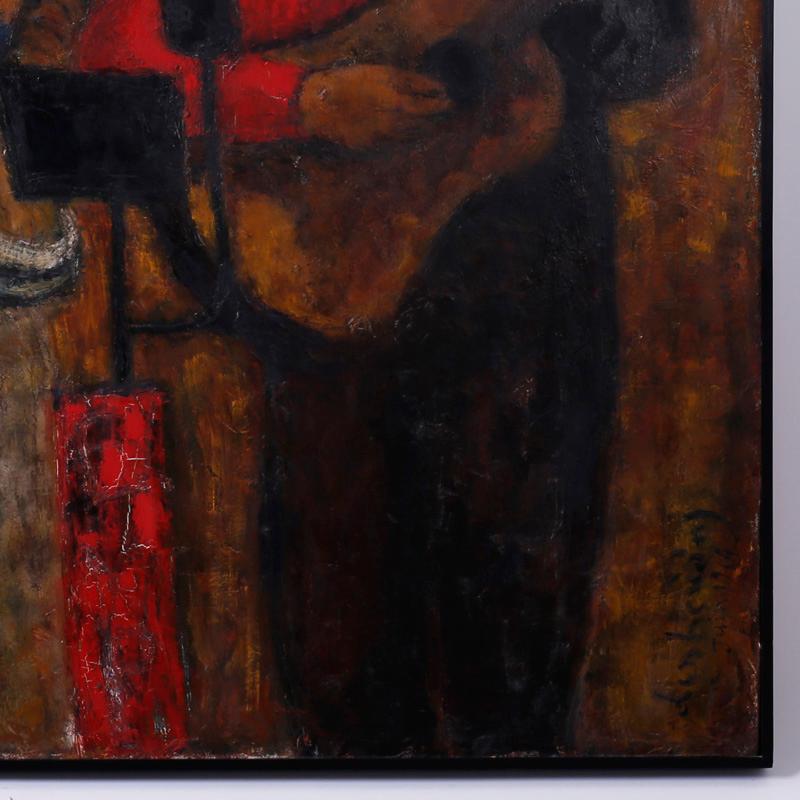 Mysterious, dreamy painting on canvas of three musicians playing a mandolin, a banjo, and a guitar. Painted with a powerful palette that suggests a passionate involvement with the music. Signed sideways in the lower right Dushsnen Juin 1964.