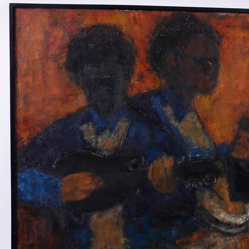 Peinture acrylique impressionniste du milieu du siècle sur toile représentant des musiciens - Noir Figurative Painting par Unknown