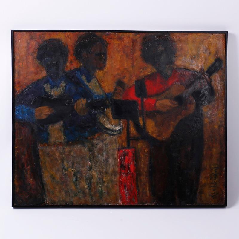 Unknown Figurative Painting - Mid-Century Impressionist Acrylic Painting on Canvas of Musicians