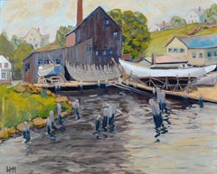 Mid Century Impressionist Boat Docks in Oil, Signed, Framed