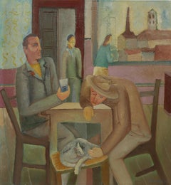 Mid Century Interior Scene Animals Figures Rare Cityscape Oil Painting 1963