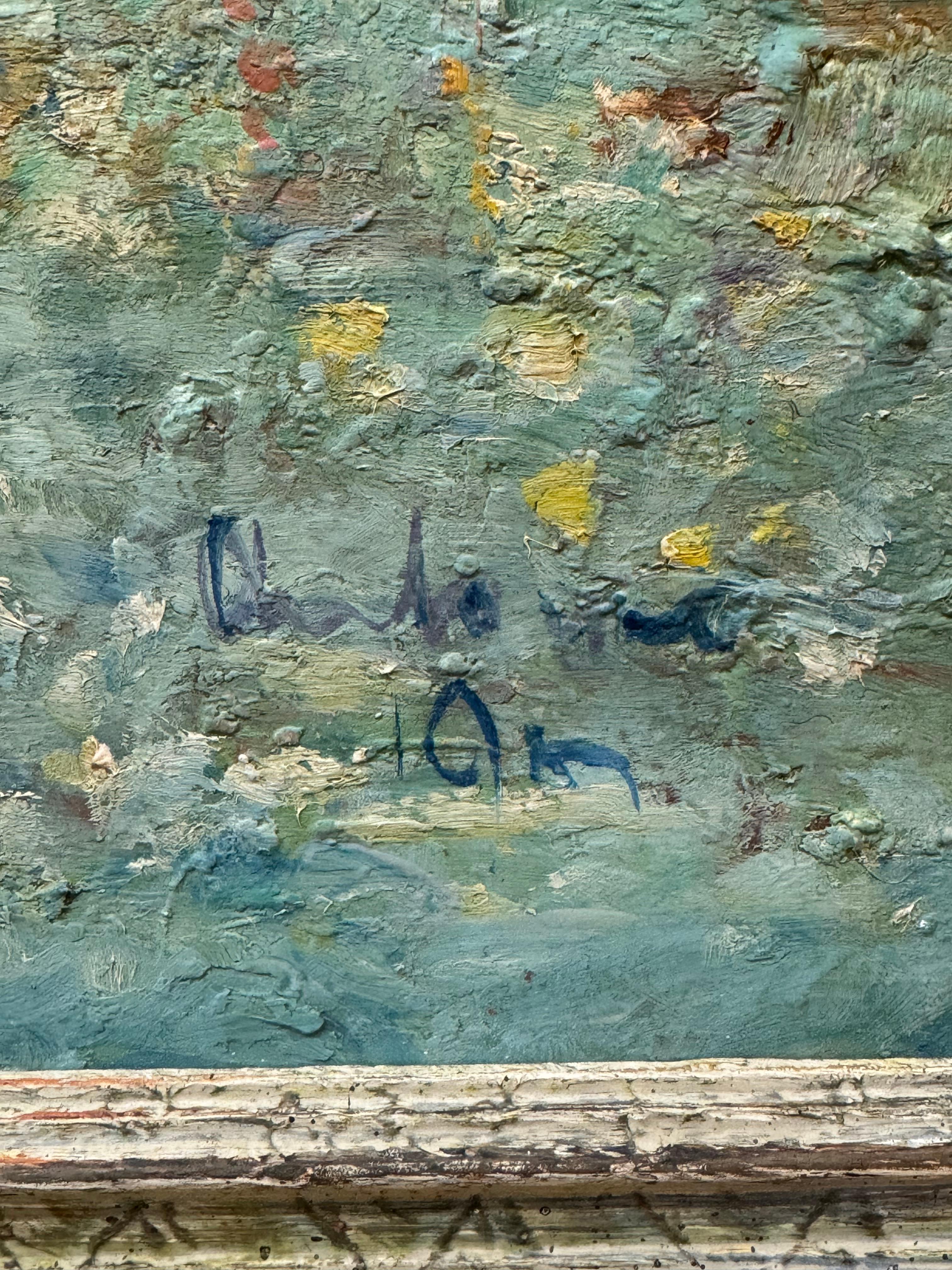Mid century Italian abstract, titled “Lake Garda” 
Signed indistinctly 
Oil on masonite
26 x 27.25 framed
21.5 x 22.5 unframed

