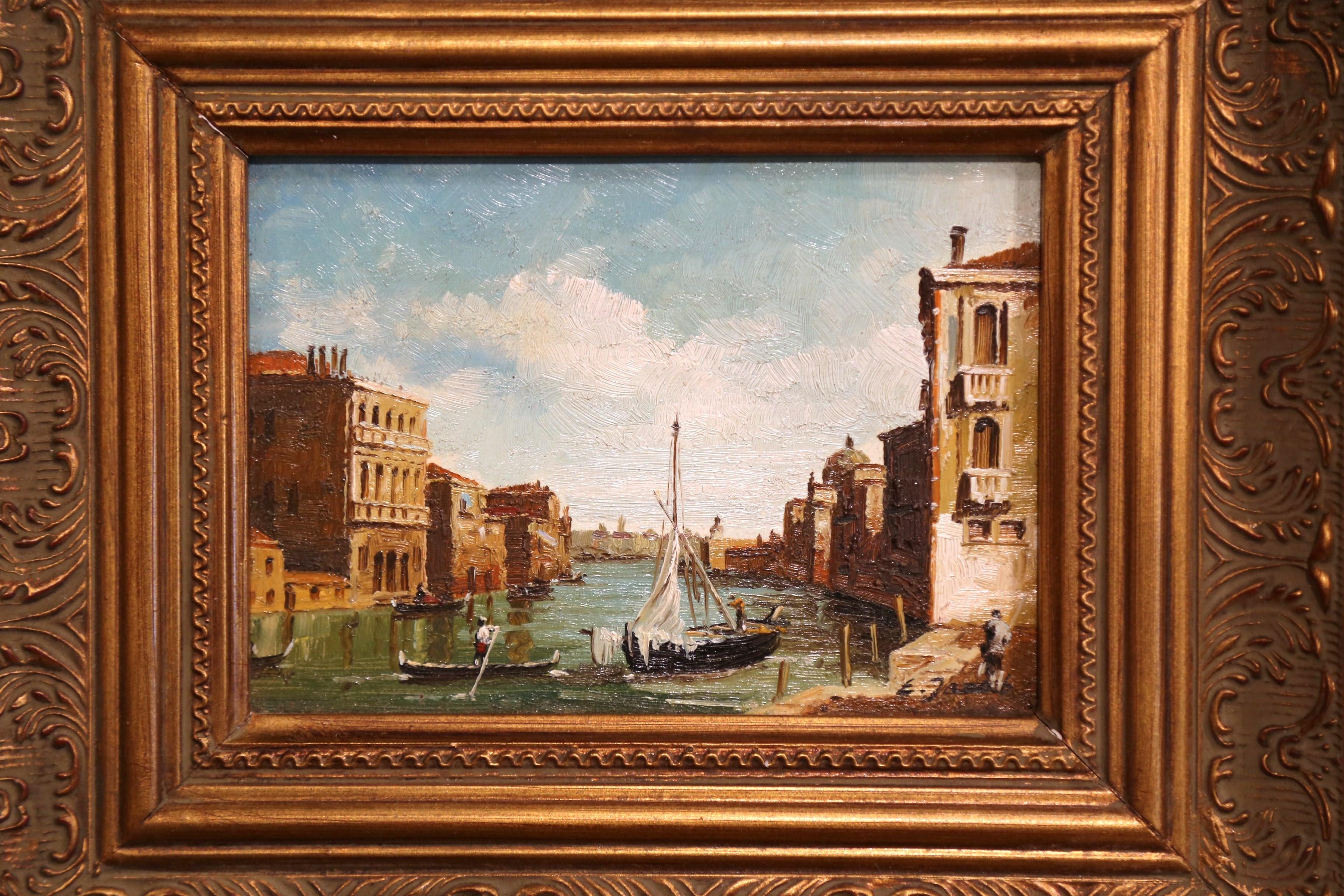Mid-Century Italian Oil on Canvas Harbor Scene in Gilt Frame Signed - Painting by Unknown