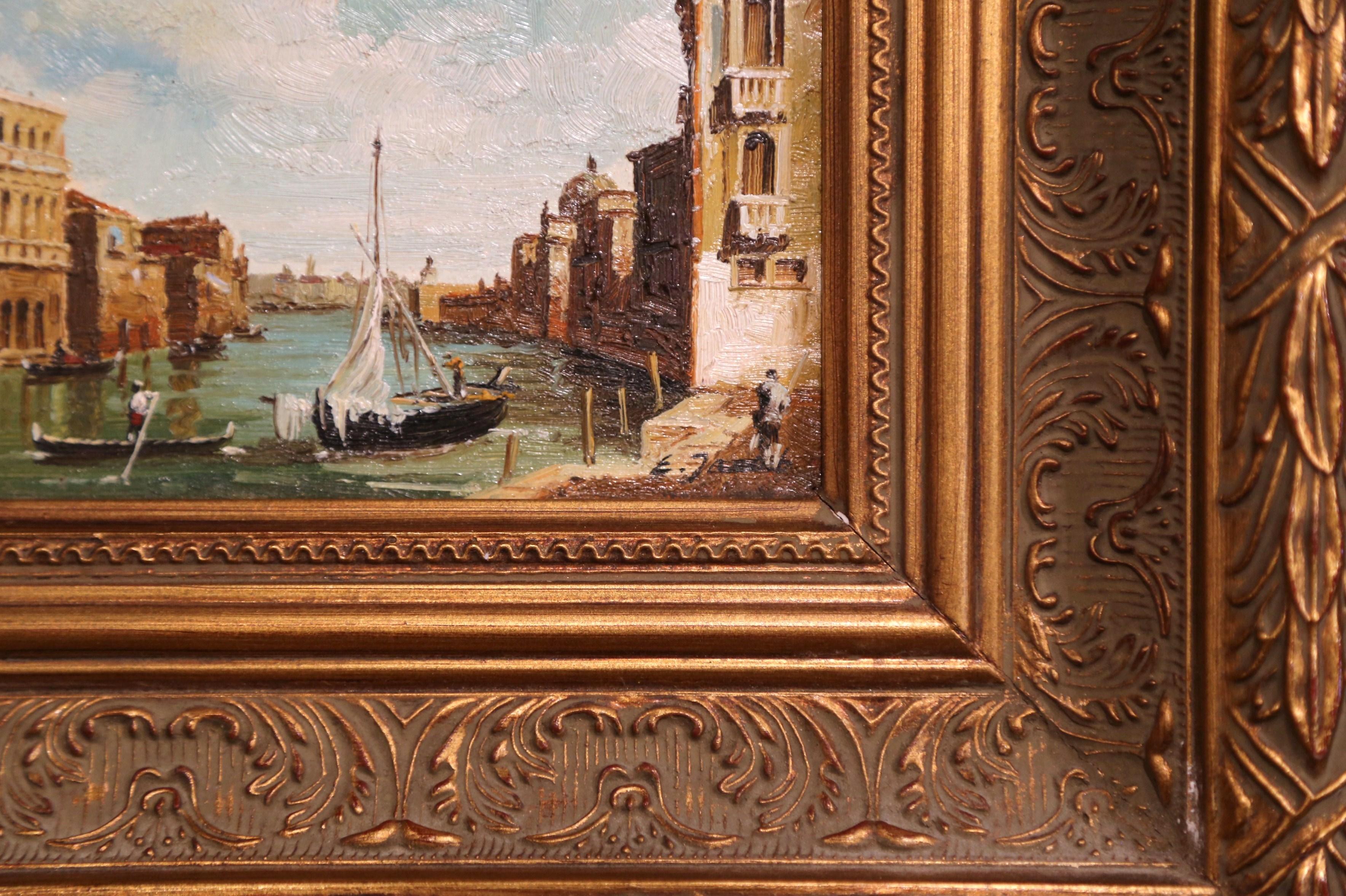 Mid-Century Italian Oil on Canvas Harbor Scene in Gilt Frame Signed - Brown Landscape Painting by Unknown