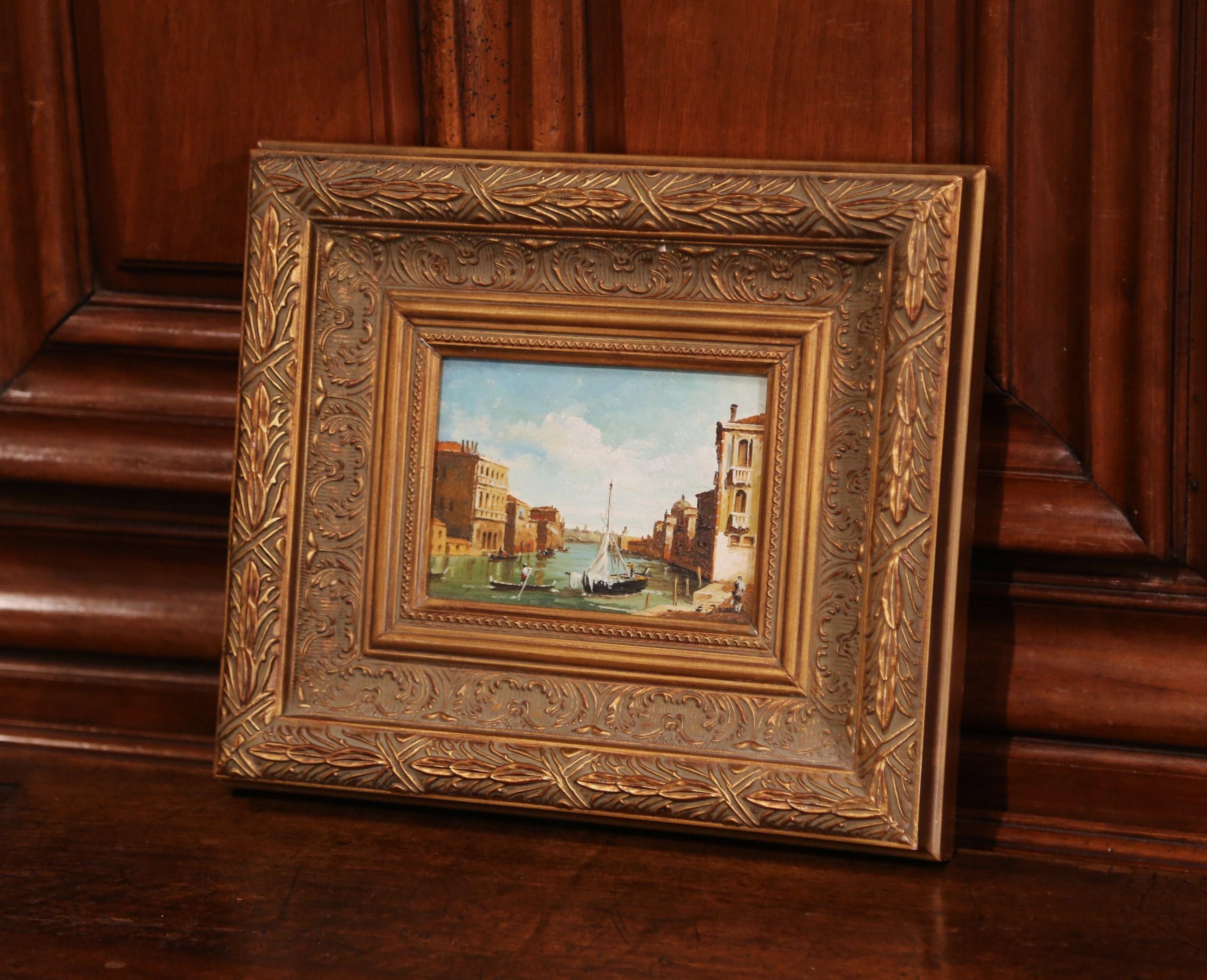 Mid-Century Italian Oil on Canvas Harbor Scene in Gilt Frame Signed 1