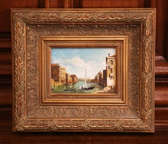 Mid-Century Italian Oil on Canvas Harbor Scene in Gilt Frame Signed