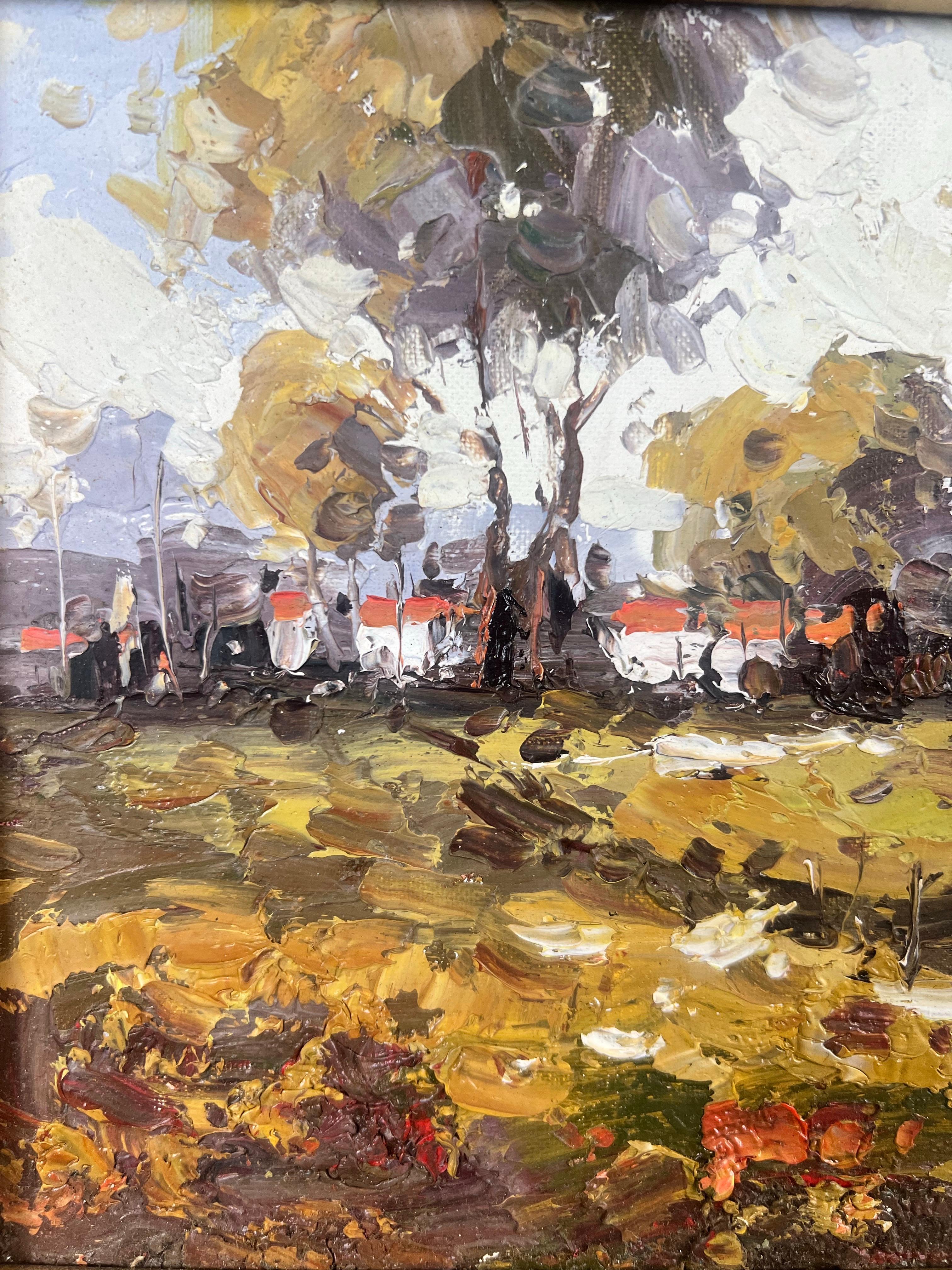 Mitte des Jahrhunderts Italienische Schule Öl auf Karton Palette Messer Landschaft Gemälde, signiert (Impressionismus), Painting, von Unknown