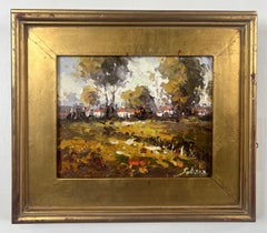 Mid-Century Italian School Oil on Board Palette Knife Landscape Painting, Signed