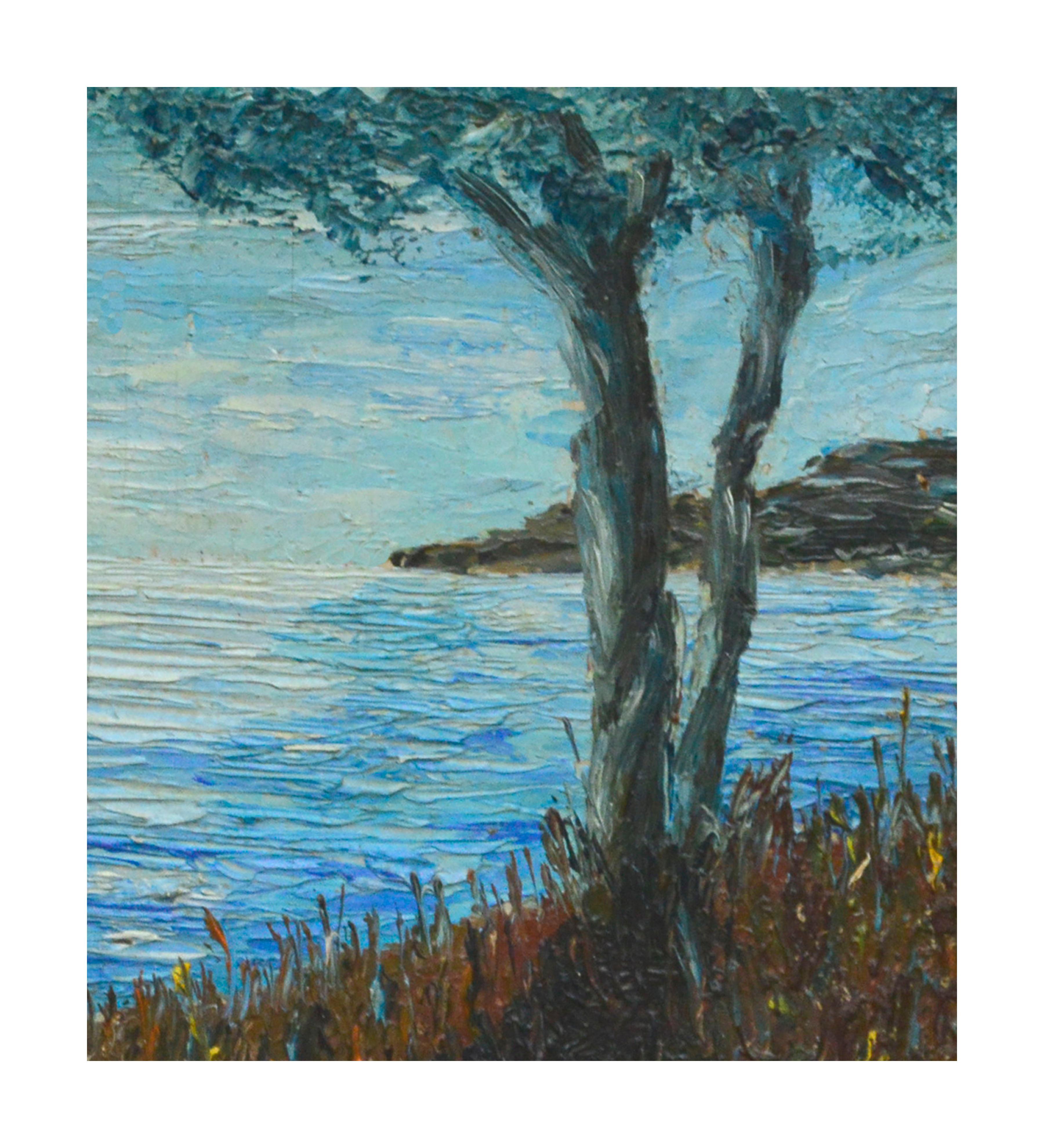 Tree by the Bay, Small-Scale Mid Century Coastal Landscape  - American Impressionist Painting by Unknown