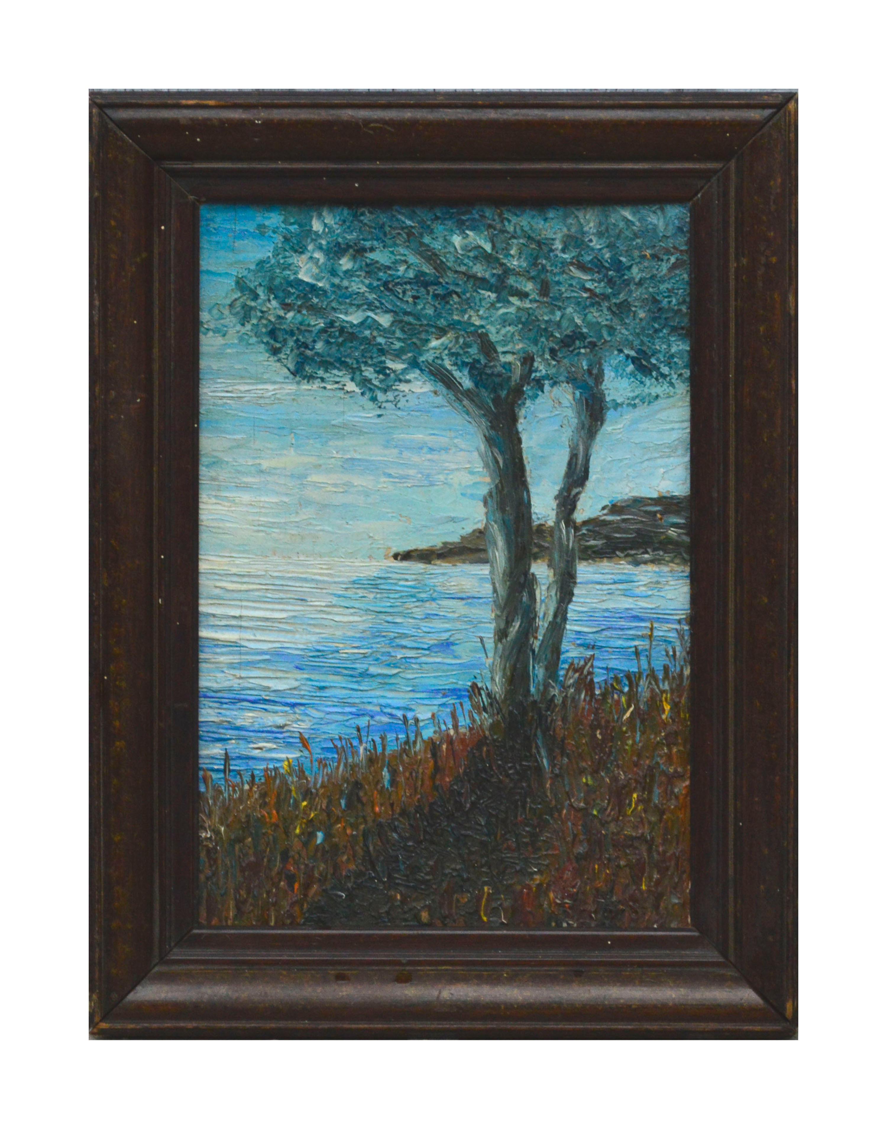 Unknown Landscape Painting - Tree by the Bay, Small-Scale Mid Century Coastal Landscape 
