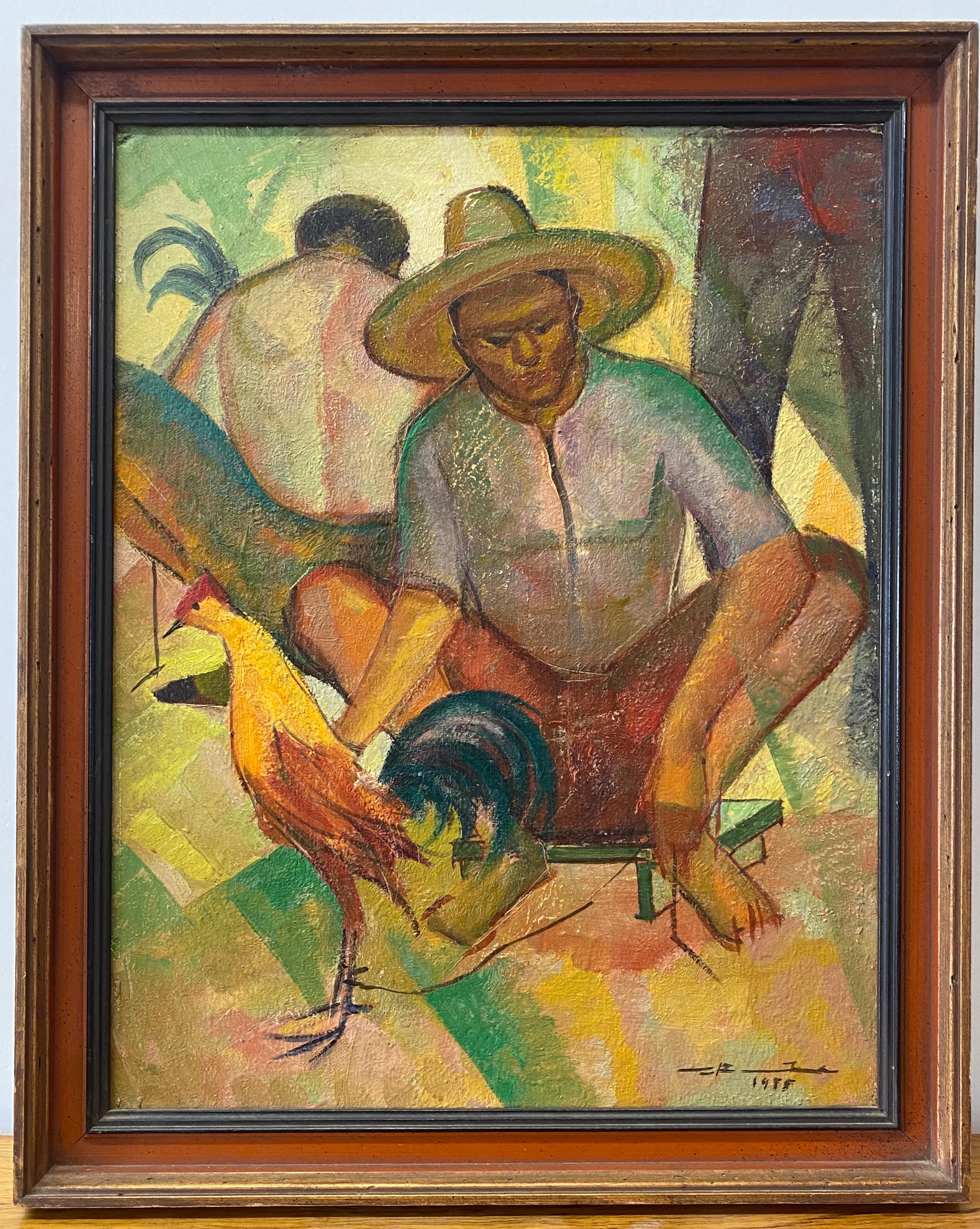 Mid Century "Man With Rooster" Original Oil Painting C.1955