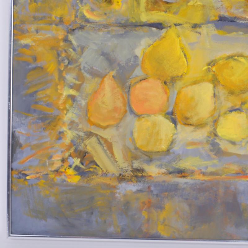 Evocative abstract acrylic painting on canvas that explores the relationship between yellow and grey. Painted with acrylic on canvas in 1973 by Bonnie Lewton, titled on the back yellow still life. Interesting note, this painting participated in a