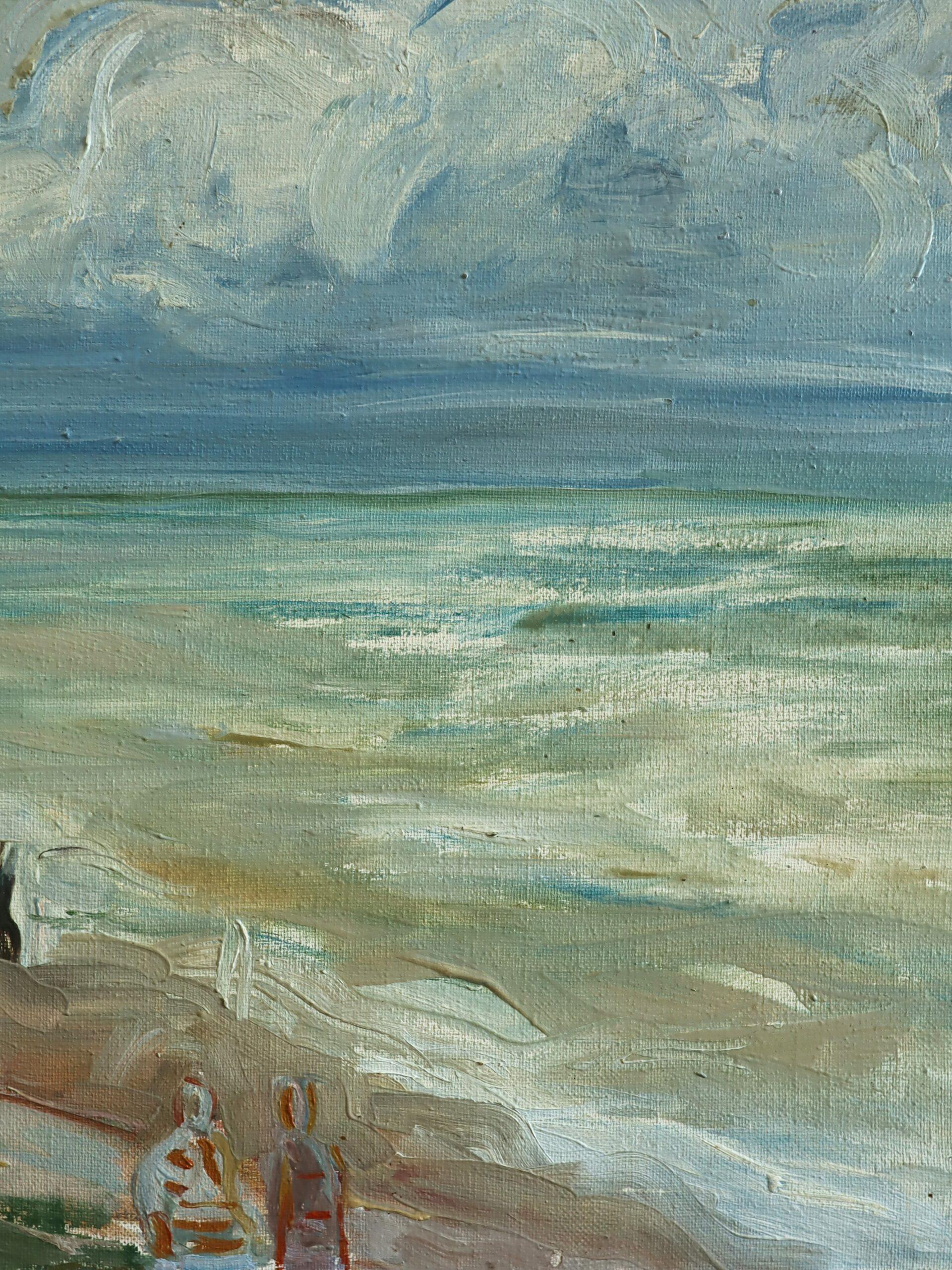 Mid Century Modern Abstrakt Küstenlandschaft Ölgemälde - Seaside Promenade im Angebot 5