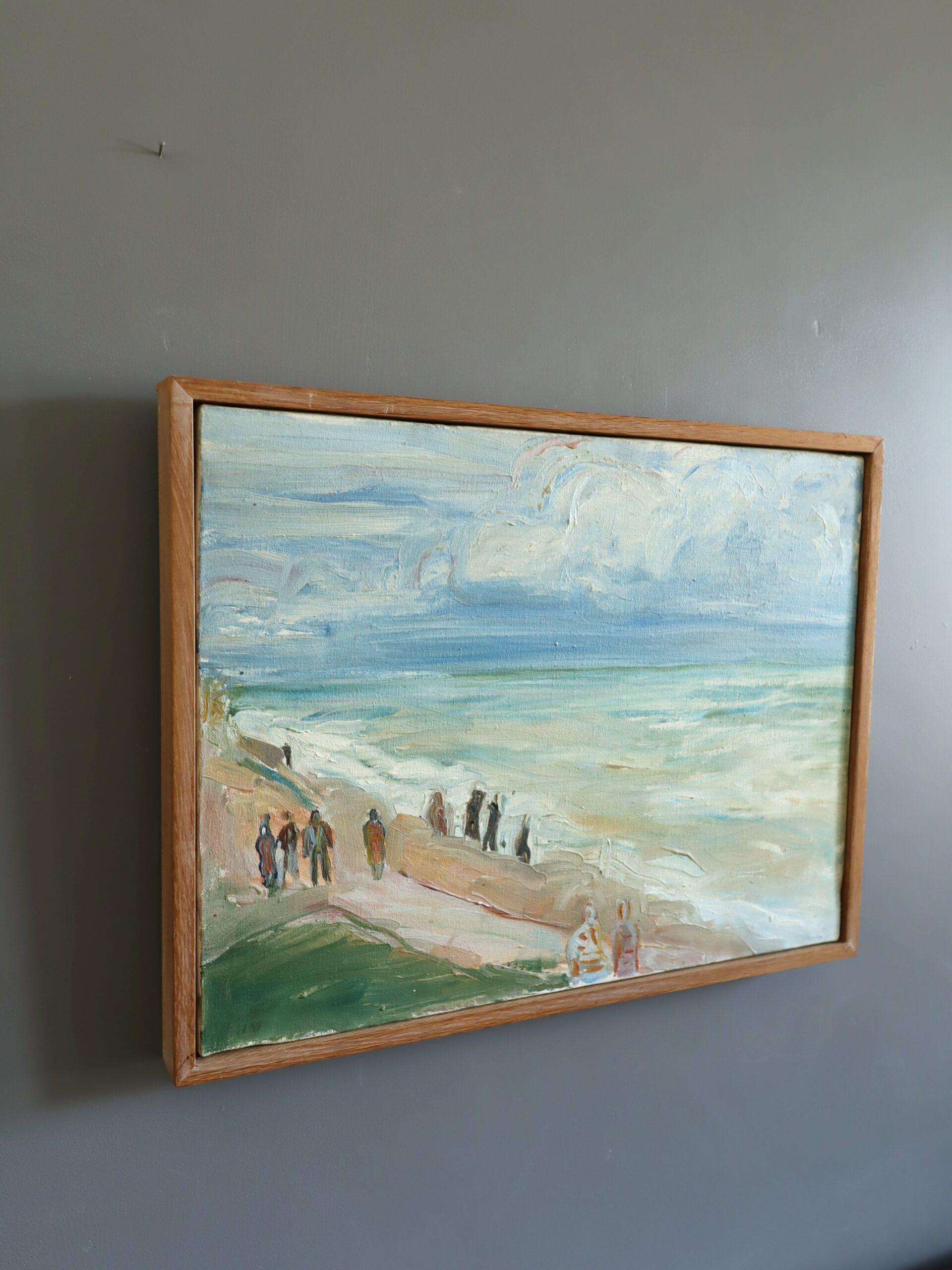 Mid Century Modern Abstrakt Küstenlandschaft Ölgemälde - Seaside Promenade (Grau), Landscape Painting, von Unknown