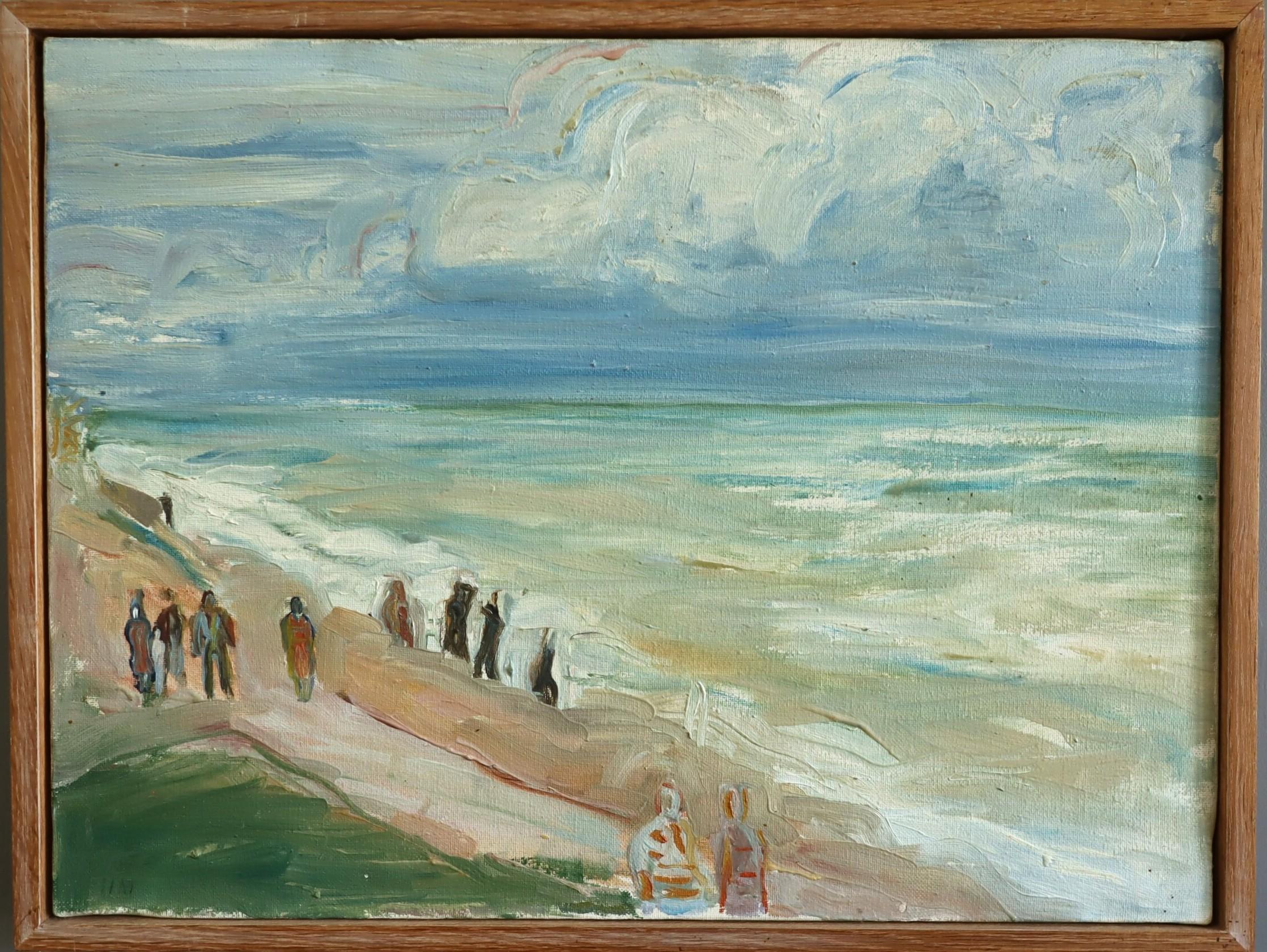 Unknown Landscape Painting – Mid Century Modern Abstrakt Küstenlandschaft Ölgemälde - Seaside Promenade