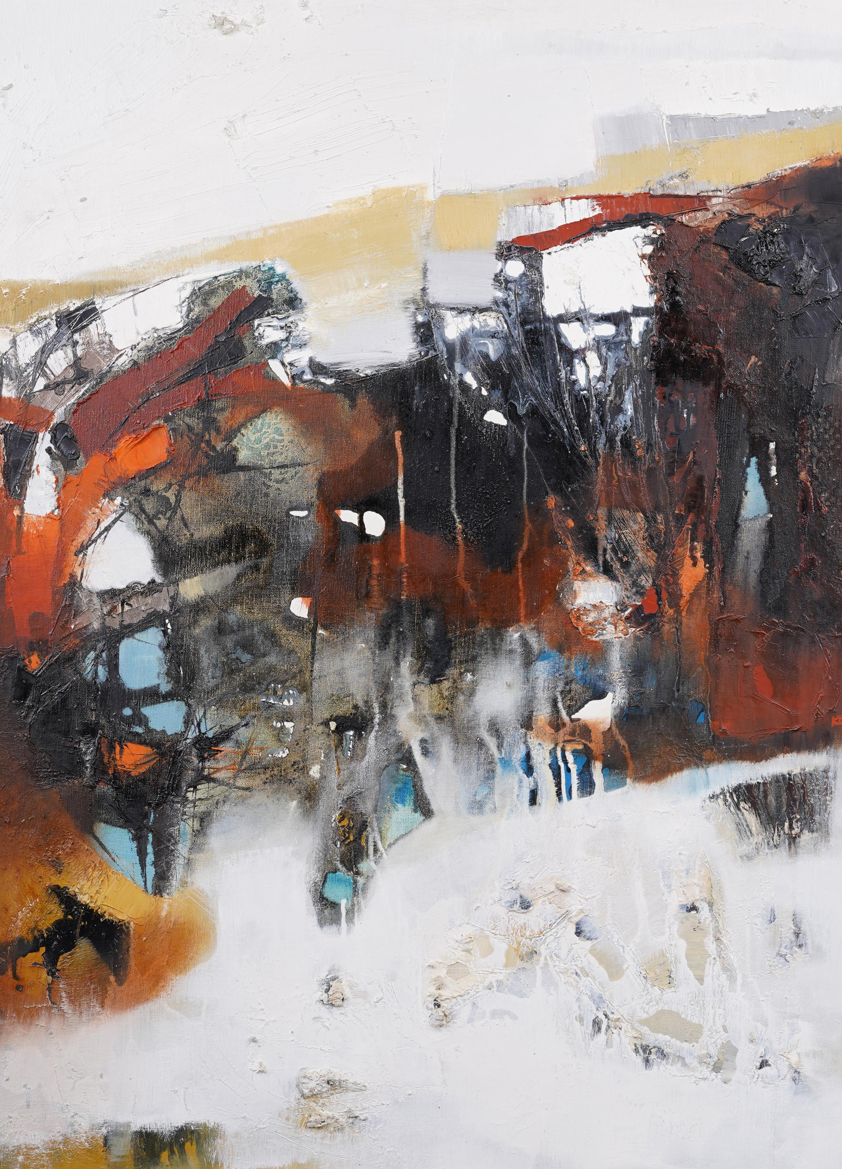Pittura ad olio originale di grandi dimensioni con cornice, del periodo del Mid Century Modern Abstract Expressionist - Landscape Painting Grigio di Unknown
