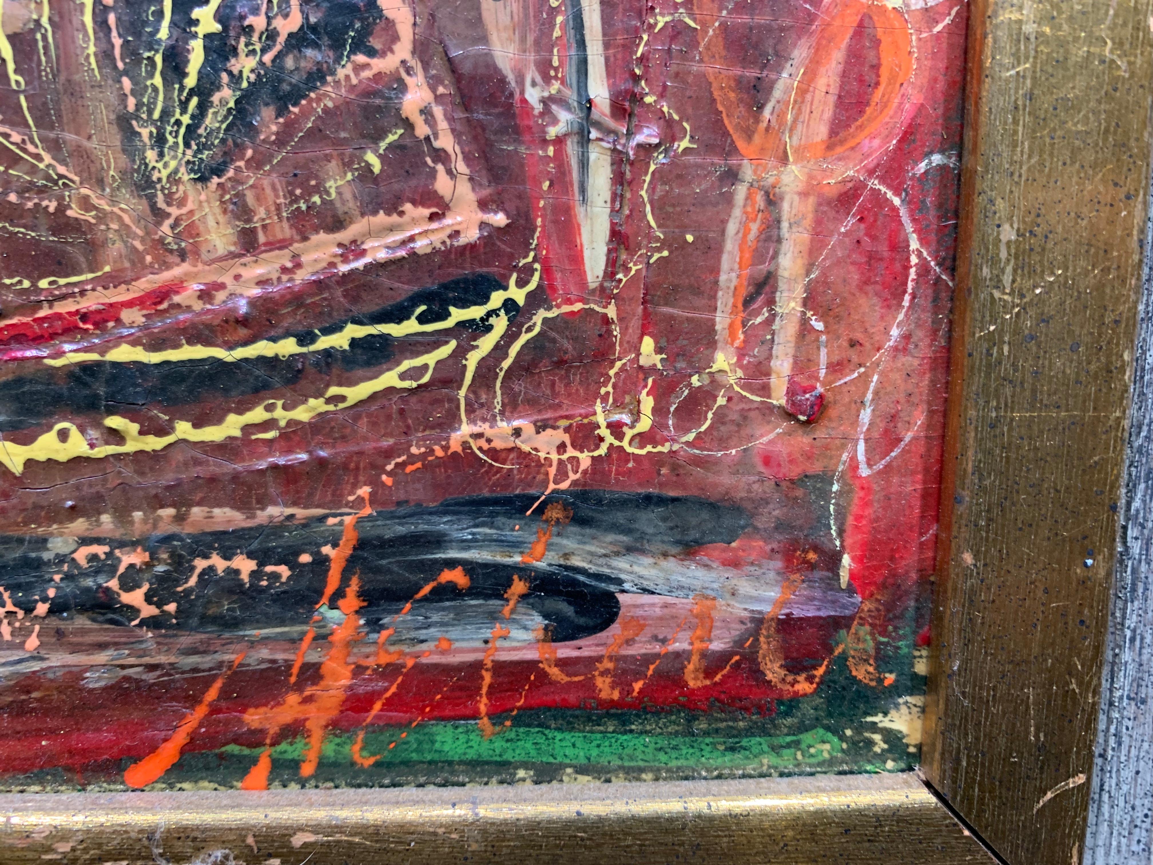 Beautiful ca. 1960 Abstract Expressionist painting measures 11 x 14 inches; 17 x 20 inches in a period wormy chestnut frame. Oil on illustration board. Signed 