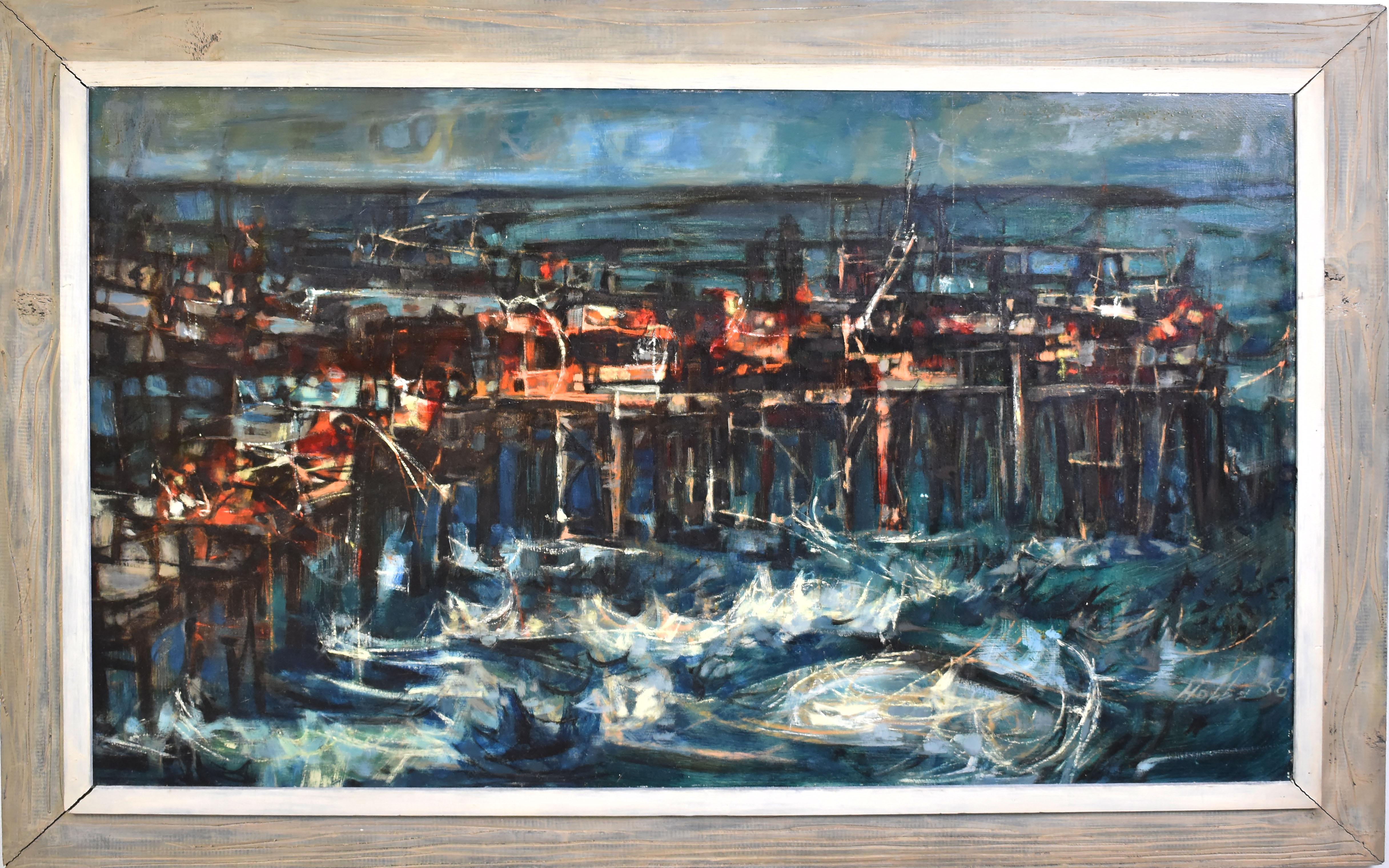 Unknown Landscape Painting - Mid Century Modern Abstract Expressionist Seascape Signed Original Oil Painting