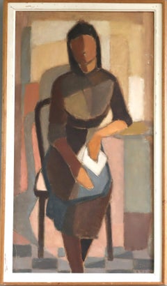 Mid Century Modern Abstract Figurative Oil Painting - Seated Woman with Letter