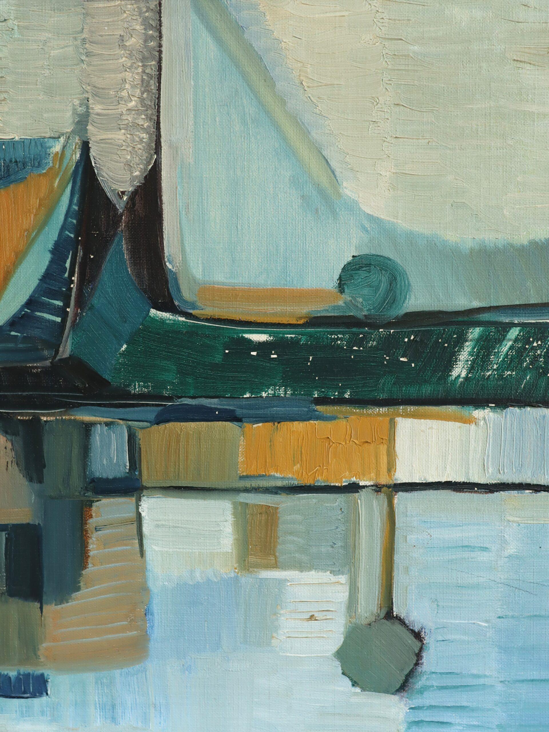 Mid Century Modern Abstract Harbour Cityscape Oil Painting - Port Construct For Sale 7