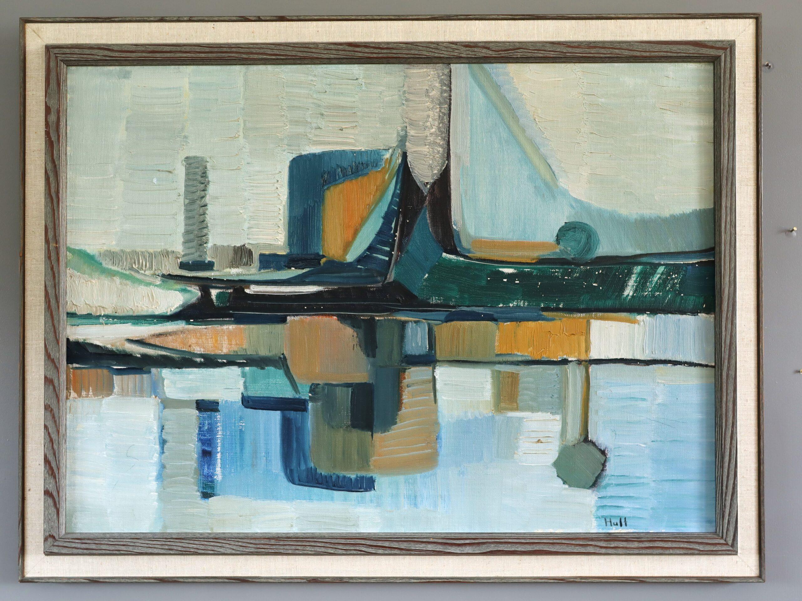Mid Century Modern Abstract Harbour Cityscape Oil Painting - Port Construct - Gray Landscape Painting by Unknown