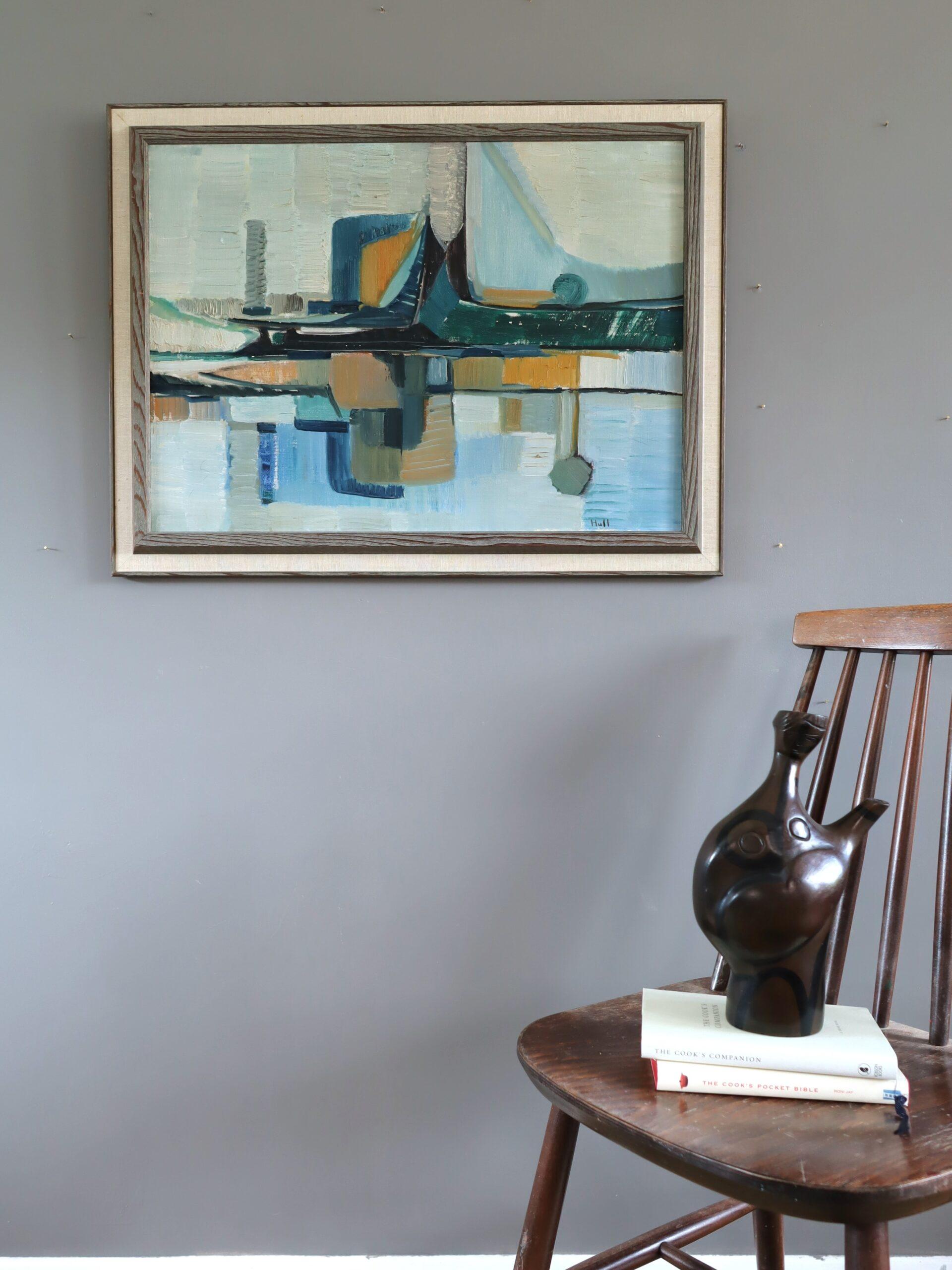 PORT CONSTRUCT
Size: 53 x 69.5 cm (including frame)
Oil on canvas

A striking mid-century abstract painting that explores the structural rhythms of a harbour or port cityscape, rendered through a bold interplay of geometric forms and mirrored