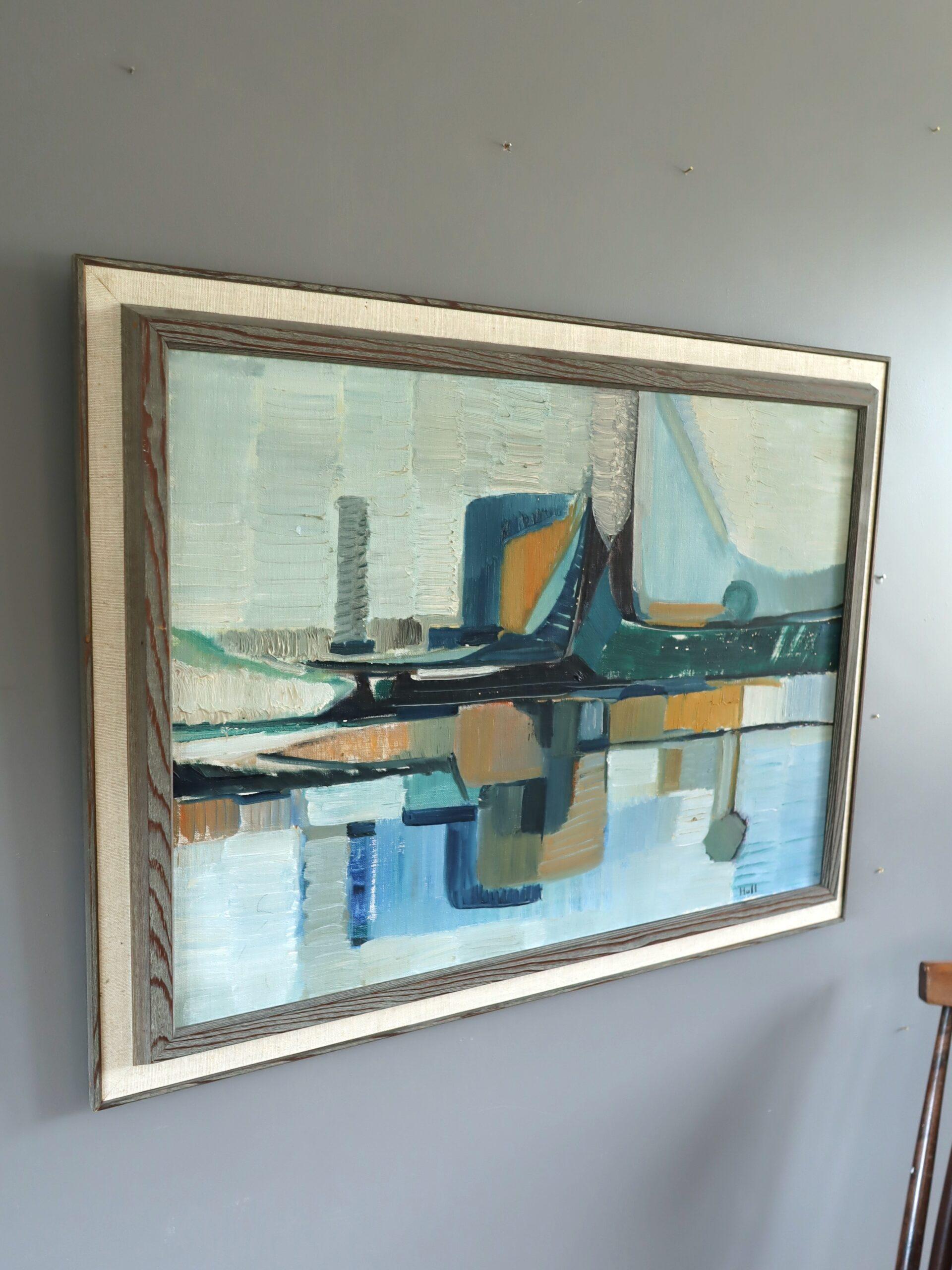 Mid Century Modern Abstract Harbour Cityscape Oil Painting - Port Construct For Sale 1