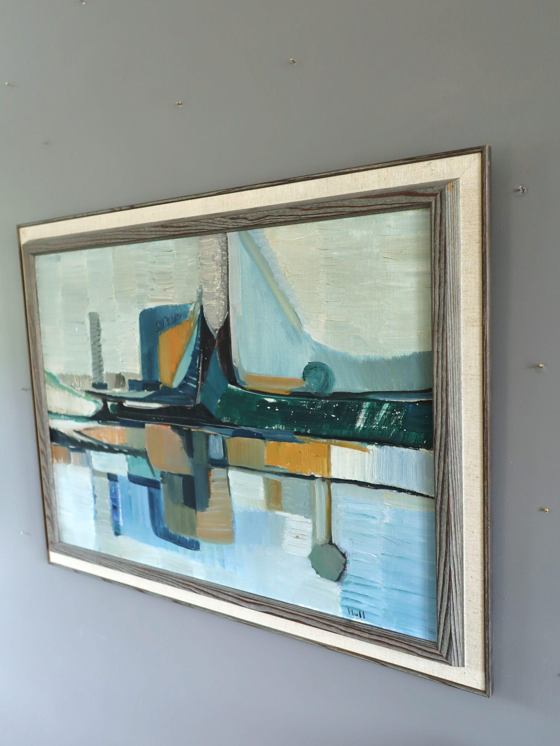 Mid Century Modern Abstract Harbour Cityscape Oil Painting - Port Construct For Sale 2