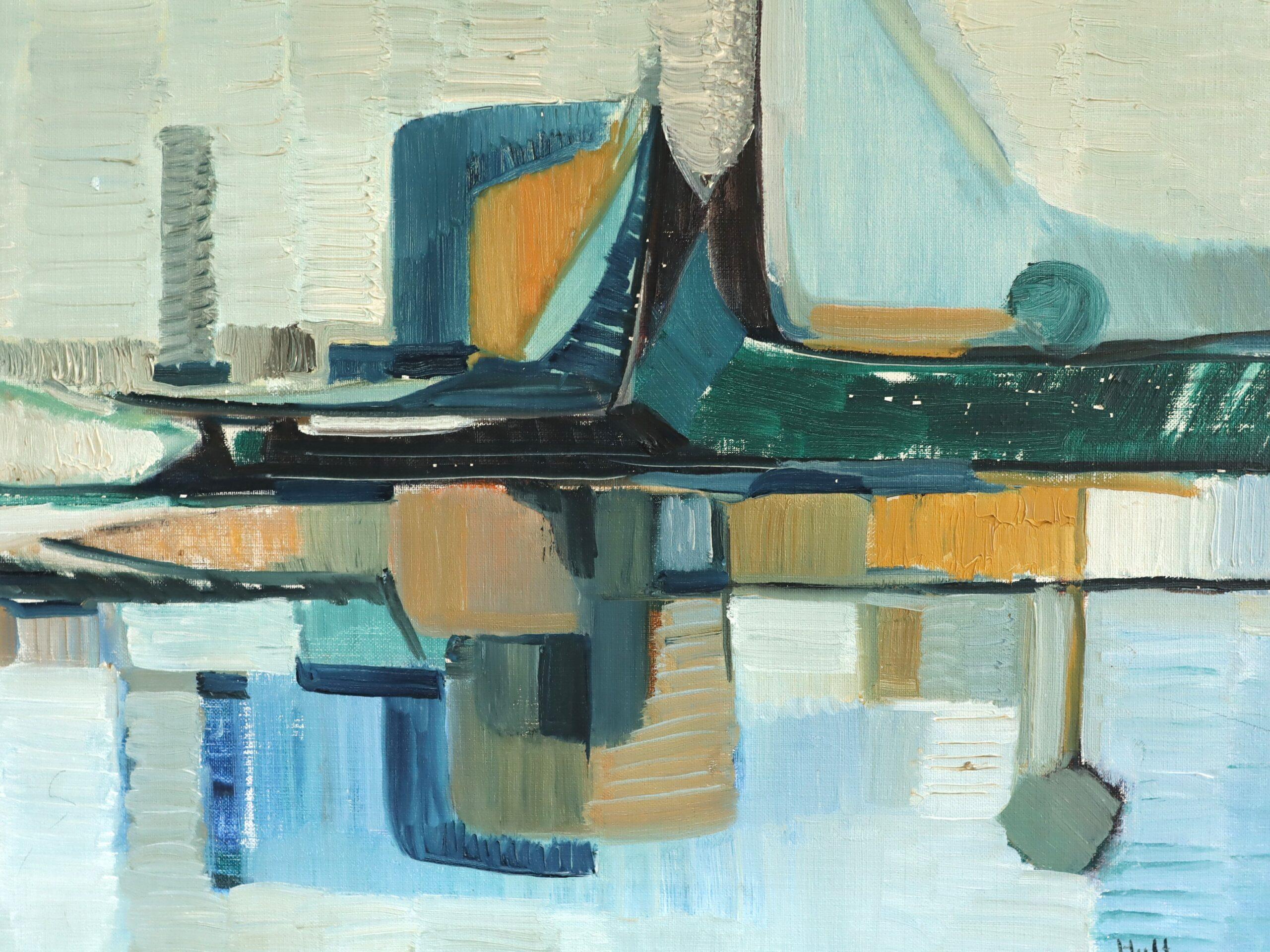 Mid Century Modern Abstract Harbour Cityscape Oil Painting - Port Construct For Sale 5
