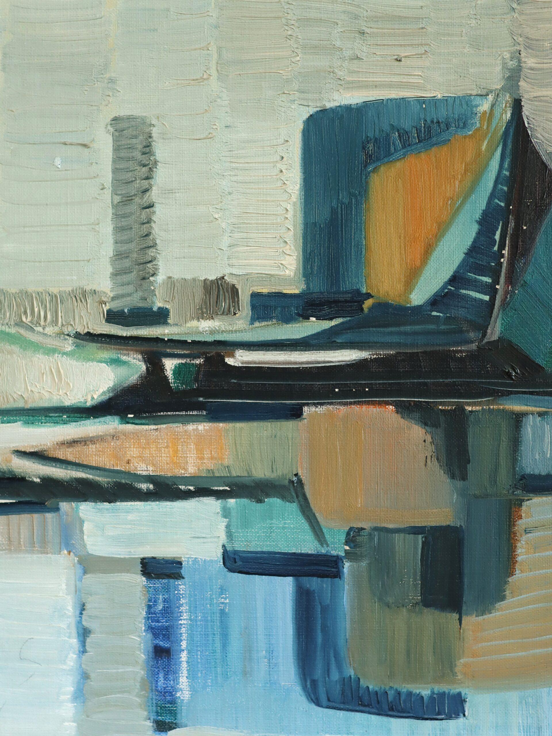 Mid Century Modern Abstract Harbour Cityscape Oil Painting - Port Construct For Sale 6