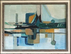 Mid Century Modern Abstract Harbour Cityscape Oil Painting - Port Construct
