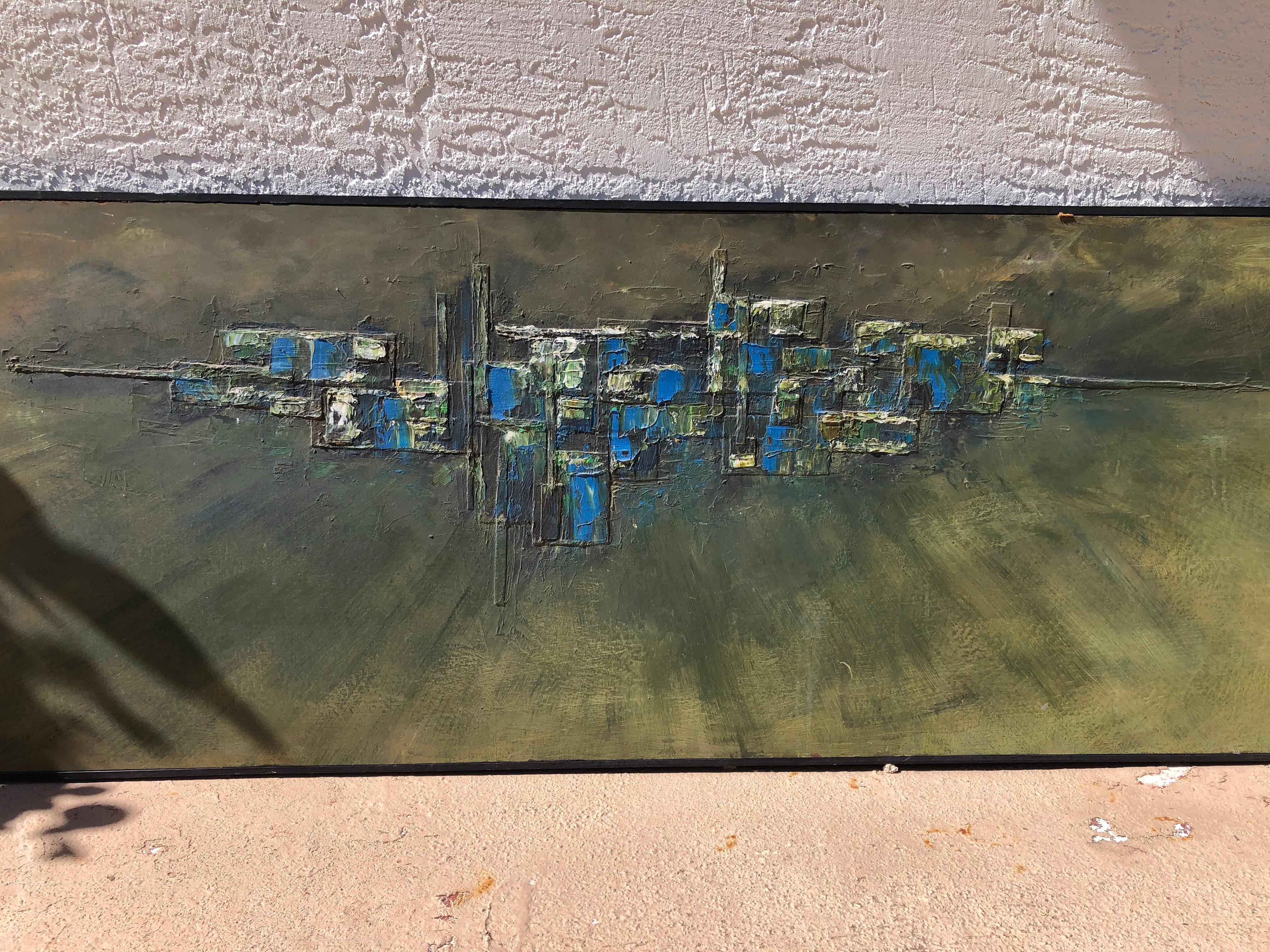 Fabulous mystery midcentury abstract. It is oil on board measuring 60 inches wide by 20 high. Frame is 1/2 around. Painting is signed Kirstein. The artist was obviously very talented, it has an almost brutalist feel to it.