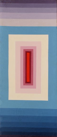 Mid-Century Modern Abstract Oil Painting Kinetic Hard Edge Geometric Blue Purple