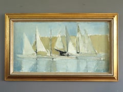 Mid Century Modern Abstract Seascape Oil Painting - Sailboats in Still Waters