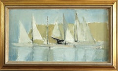 Peinture à l'huile abstraite de paysage marin du milieu du siècle dernier - Voiliers en eaux calmes