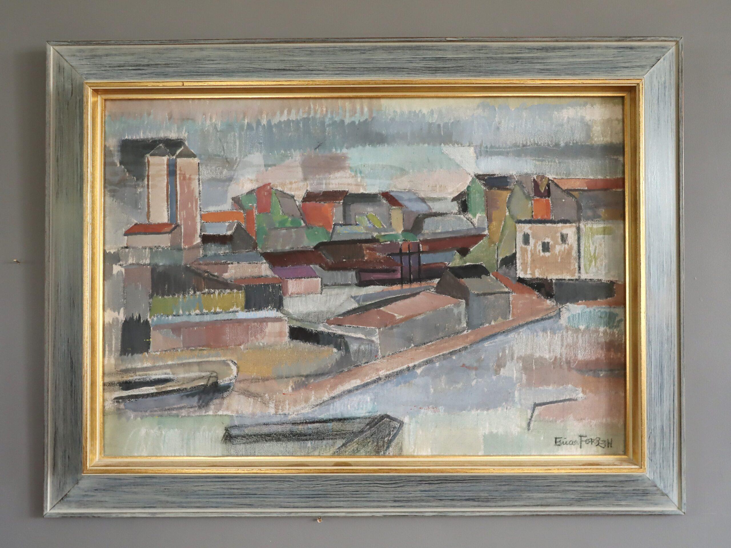 Mid Century Modern Abstract Urban Landscape Oil Painting - Fragments of the City - Gray Landscape Painting by Unknown