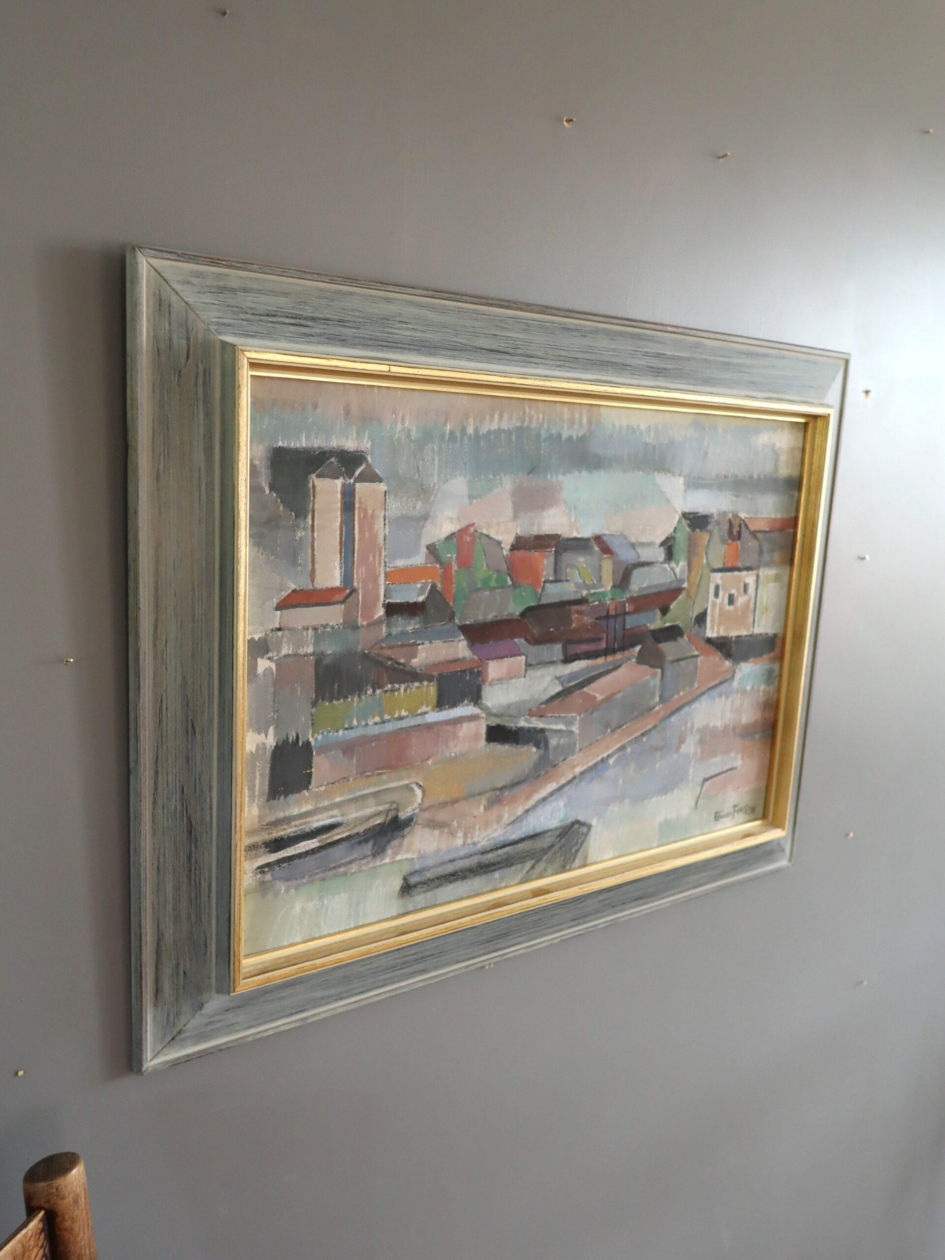 Mid Century Modern Abstract Urban Landscape Oil Painting - Fragments of the City For Sale 1